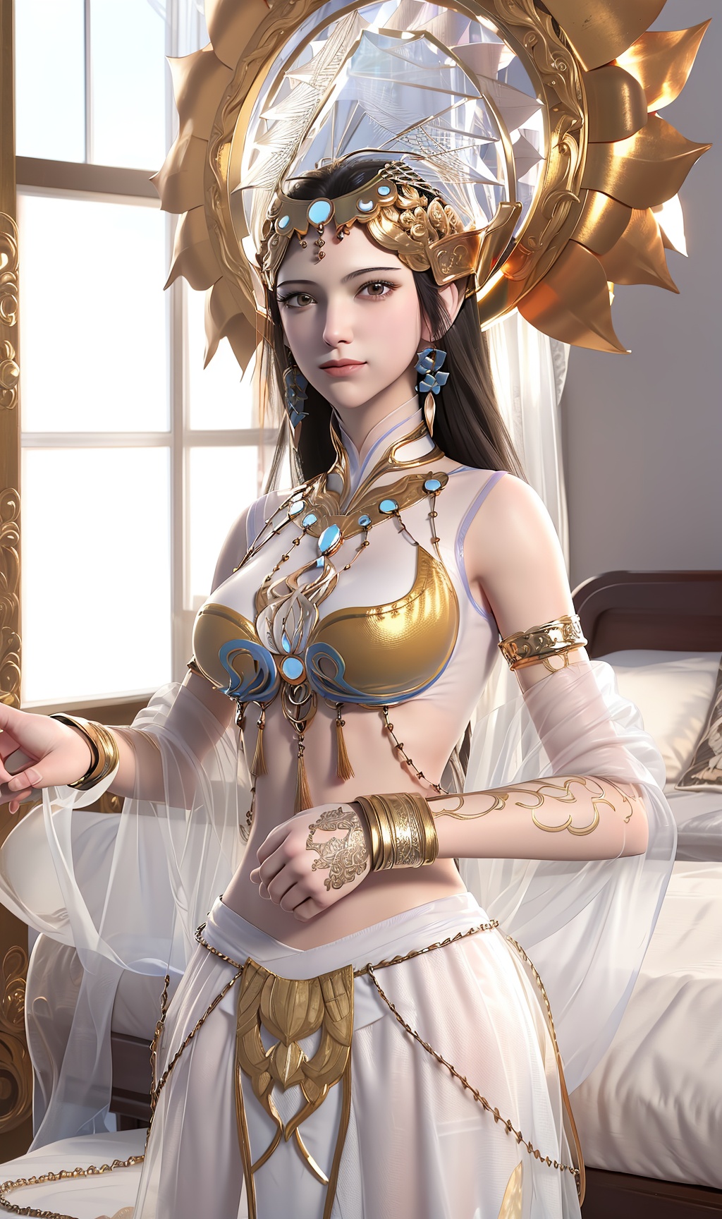 masterpiece,(best quality),official art, extremely detailed cg 8k wallpaper,((crystalstexture skin)), (extremely delicate and beautiful),highly detailed,hair_ribbon,twin_braids,((Magic_collar)),1girl,solo,long hair,headwear,(standing),( hair),(dress:0.987),(chinese clothes:0.897),(long_skirts)((upper body)),sweet smile, (medium breasts),((hair_ornament)),handwear,(sunshine, indoor,(bed)),((looking_at_viewer)), <lora:hipoly3DModelLora_v10:0.3>