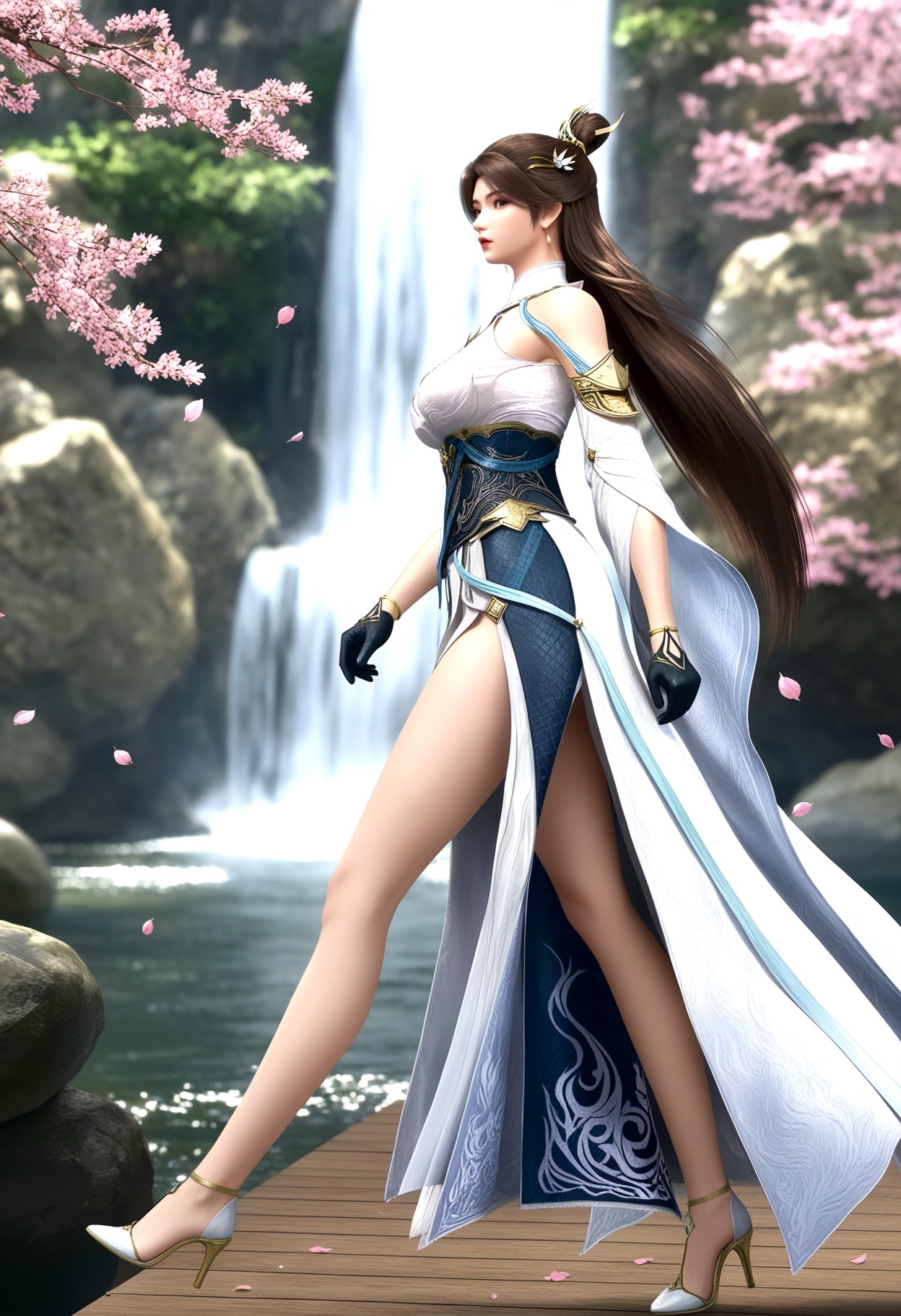 masterpiece,best quality,amazing quality,high resolution,ultra-detailed,absurdres,(looking at viewer:1.1),upper body,(moody lighting:1.1),waterfall,peach blossom,falling petals BREAK large breasts,lingxi,1girl,solo,long hair,brown hair,jewelry,dress,hair ornament,earrings,bare shoulders,white dress,detached sleeves,hair bun,gloves,chinese clothes,high heels BREAK photorealistic details,<lora:QQSilllingxiV1:0.8>,