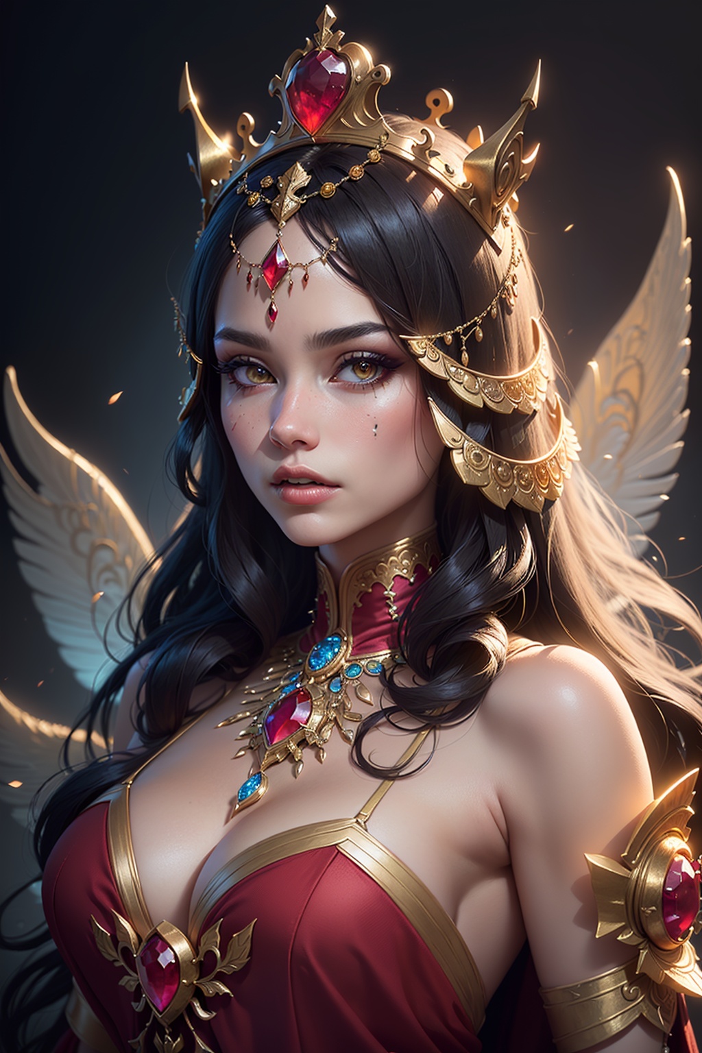 ((best quality)), ((masterpiece)), (detailed), close-up, person wearing costume, (Behance contest winner:1.2), fantasy art, crown of giant rubies, 3D goddess portrait, style of Ross Tran, captivating lighting, 8k resolution, striking facial expression, (elaborate costume details:1.3), vibrant colors, powerful presence, (ethereal glow:1.1)