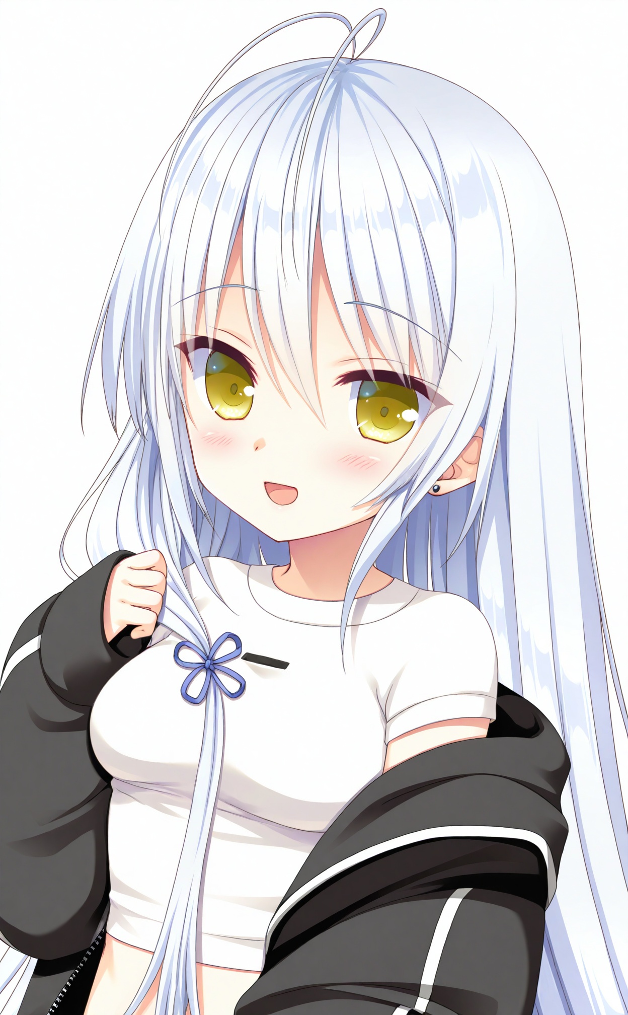 masterpiece,highres,absurdres,newest,best quality,loli,petite,high quality,chromatic_aberration,//,umino_miyako,1girl,solo,long_hair,smile,open_clothes,jacket,white_hair,shirt,black_jacket,open_mouth,yellow_eyes,white_shirt,hair_between_eyes,open_jacket,looking_at_viewer,breasts,ribbon,sleeves_past_wrists,antenna_hair,long_sleeves,upper_body,:d,short_sleeves,hand_up,navel,hair_ribbon,blue_ribbon,off_shoulder,very_long_hair,midriff,white_background,simple_background,medium_breasts,crop_top,puffy_sleeves,cropped_shirt,earrings,blush,stud_earrings,//,<lora:umino_miyako——【noob】hans:1>,
