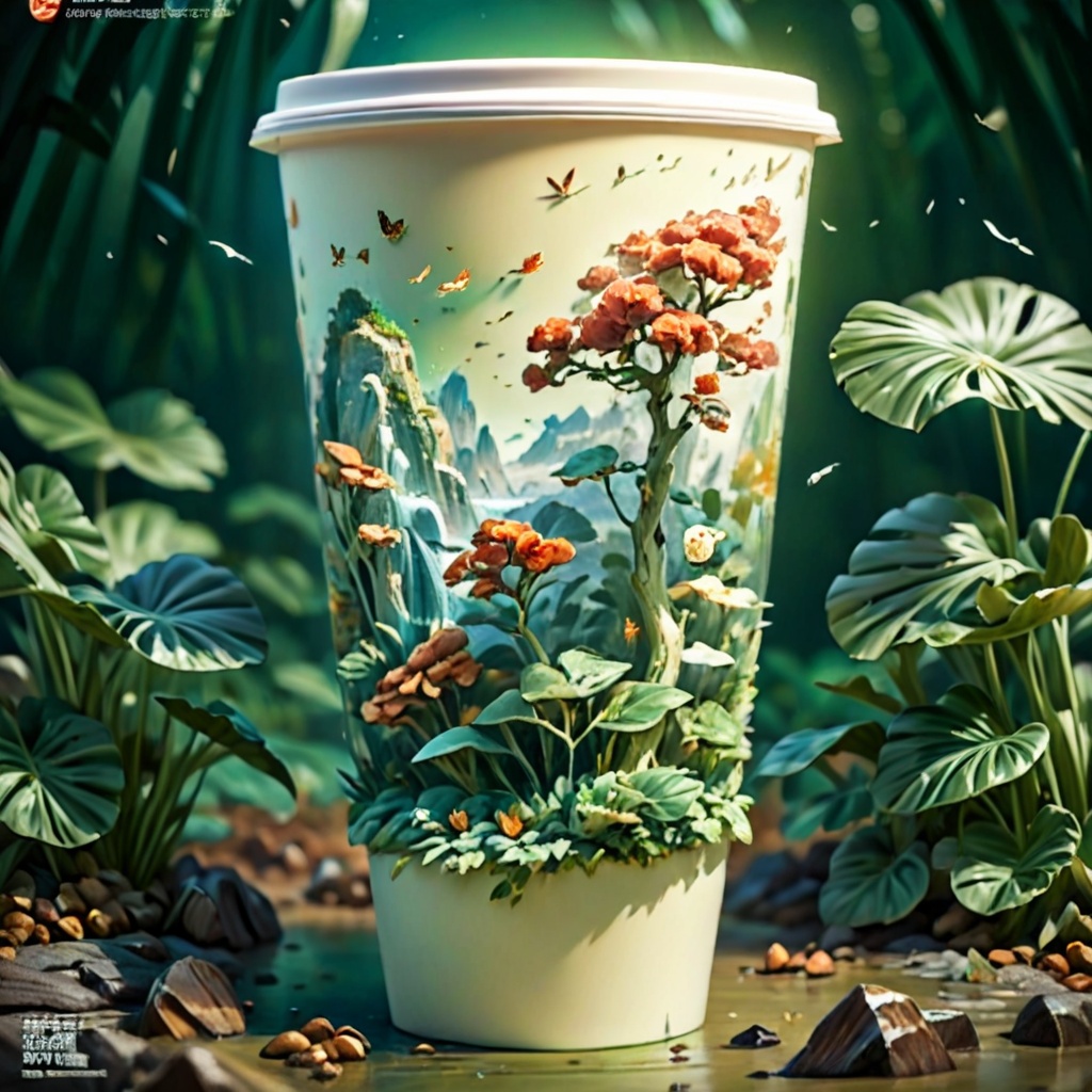 (Masterpiece, High Quality, Best Quality:1.2),(Latte Coffee Cup),Surrounded by Emerald Landscape,Milk White Transparent Water,Chinese 3D Landscape Painting,Chinese Landscape Painting,Blue Theme,Surrealist Style,Cream Organic Fluid,Ray Tracing,Foreground Occlusion,Natural Light,Jungle,Rock,Rose,(Butterfly),Particle Simulation,c4d,OC rendering,