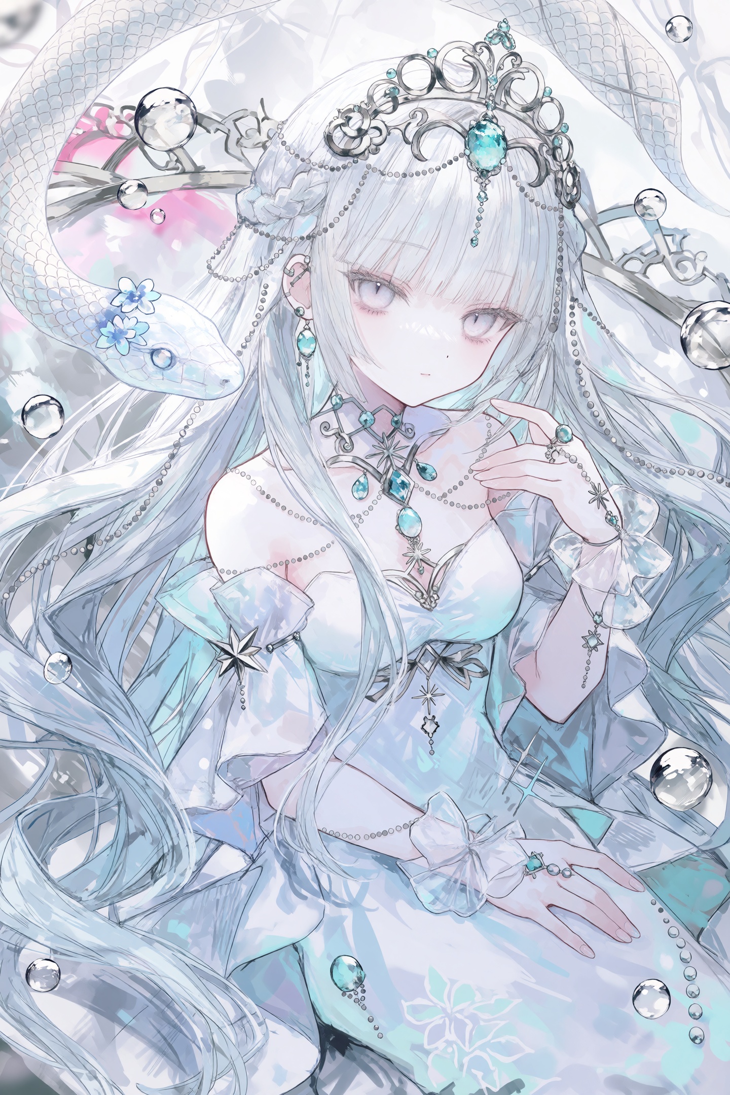A single female character with long pale silver hair and blunt bangs faces toward the viewer,  her head tilted slightly do...