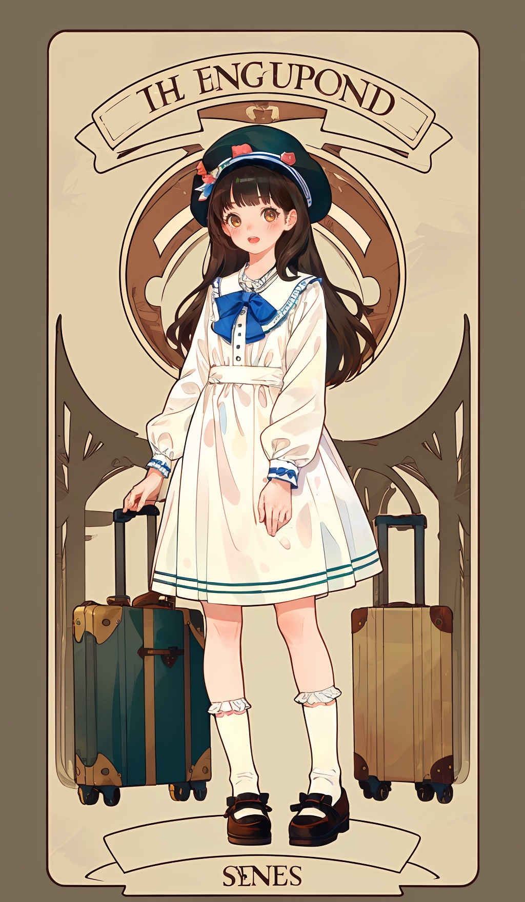(high quality:1.4),(masterpiece:1.3),card, 1girl, dress, open mouth, black hair, hat, long sleeves, bow, blush, long hair, socks, shoes, shirt, brown eyes, holding, black footwear, solo, suitcase<lora:card:0.7>,