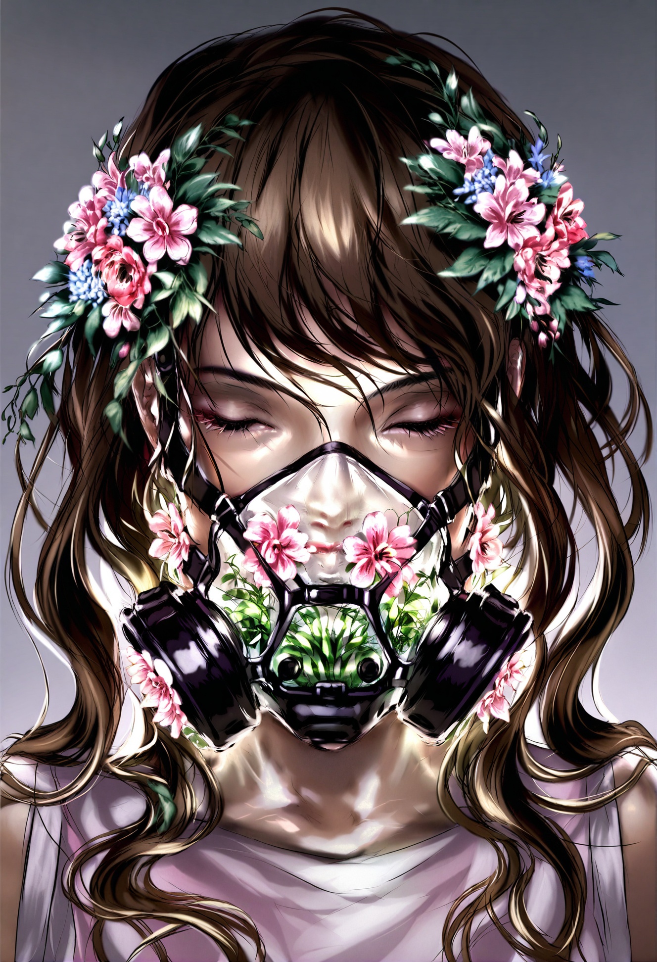 masterpiece, best quality,1girl,   solo, closed eyes, flower, blue flower, long hair, mask, hair flower, respirator, hair ornament, brown hair, portrait, upper body, eyelashes, eyepatch, pink lips, nose, blue background, pink flower, pink dress, lips, black background, facing viewer, white sleeves, realistic, covered mouth, teeth, black lips, gradient background, red flower, dress, straight-on <lora:YuuXLlokr8f-000186:0.95>