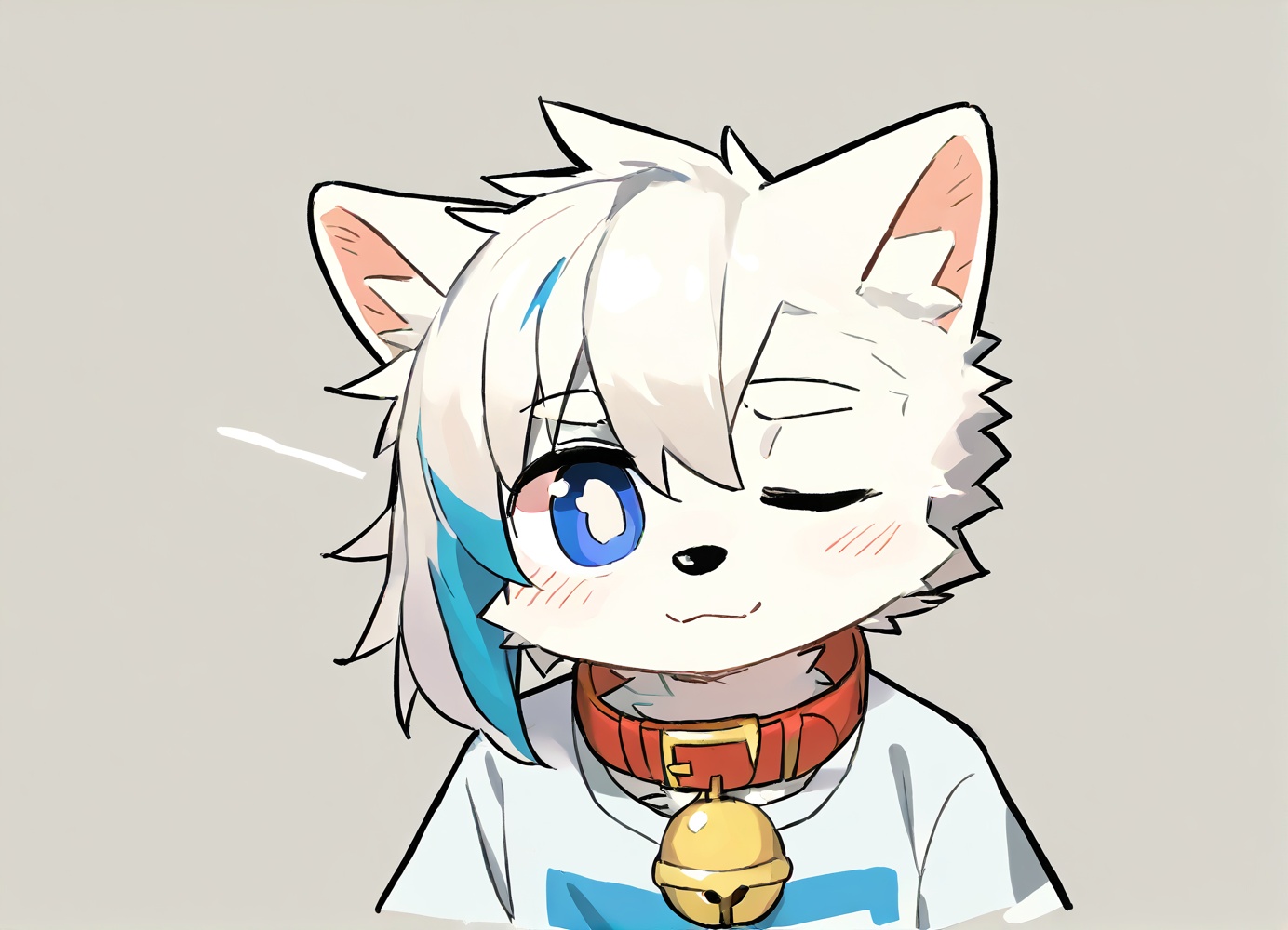 [[nploser,nekowuwu]],solo,shota,furry,kemono,dog_boy BREAK [red_inner_ear],[white_fur,blue_eyes],portrait,one eye closed,(masterpiece, best quality:1.1),body fur,anthro,t-shirt,<lora:furry工厂:0.5>,Right mid length drooping frontal hair,(Asymmetric hair on the temples:1.2),[bell on collar,Collar,Cortical collar,Large collar],