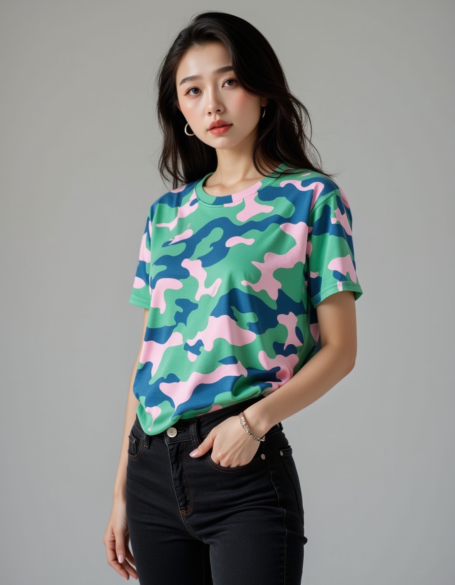 a real picture of a south korea woman,In Camouflage print t-shirt in vibrant shades of green,blue,and pink,Black skinny Jeans,