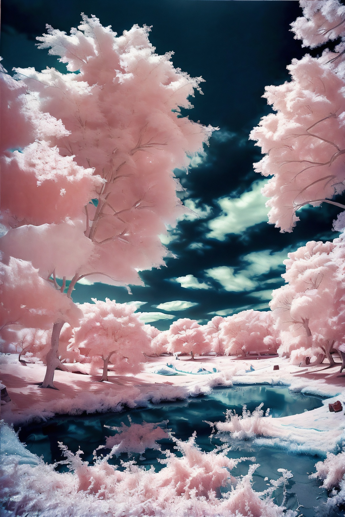 masterpiece,best quality,official art,extremely detailed,highly detailed,absurdres,highres,tree,scenery,outdoors,cherry blossoms,sky,cloud,reflection,grass,water,day,standing,<lora:梦幻芳芳:1>,