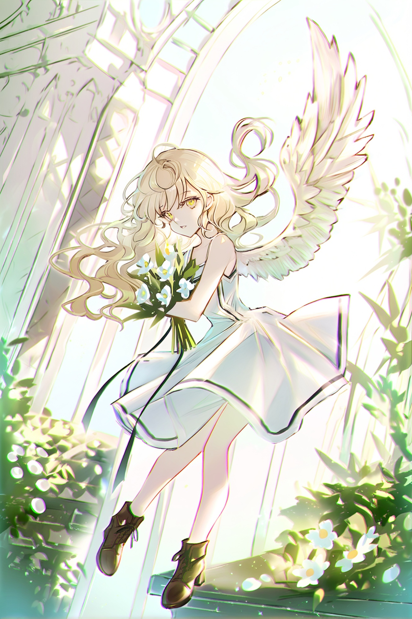 1girl, solo, long hair, blonde hair, flower, wings, white dress, dress, boots, brown footwear, looking at viewer, holding, white flower, white wings, wavy hair, full body, feathered wings, angel wings, parted lips
