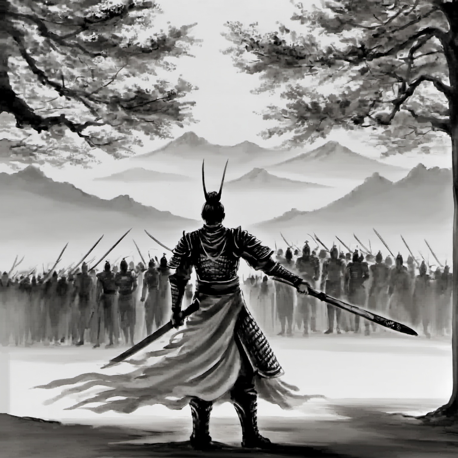 <lora:ink_xiakexing_xl_v1:0.8>,tree,mountains,ink painting,a man in a long dress holding a sword in his hand and a crowd of people in the background,1boy,holding,standing,monochrome,weapon,greyscale,boots,sword,holding weapon,armor,holding sword,helmet,shoulder armor,1other,full armor,ambiguous gender,solo,male focus,polearm,japanese armor,