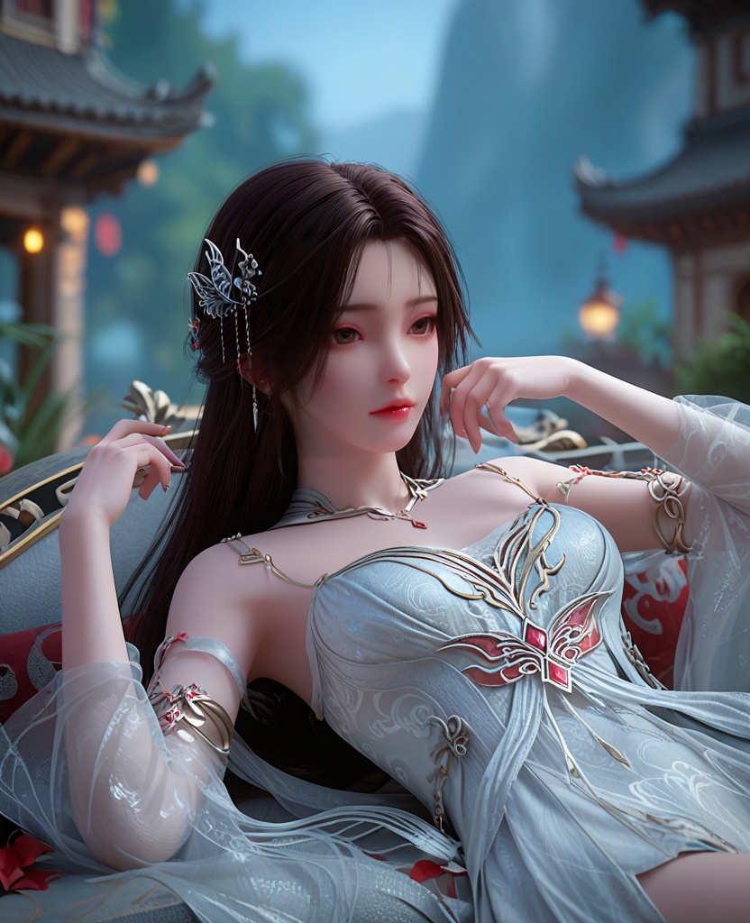 (oriental architecture, elegant decor, sophisticated style:1.1),lying against the ground, hand on head,(breasts:1.2),<lora:XL完美世界白衣火灵儿:0.95>,miss bailinger,solo,white chiffon dress,jewelry,detached sleeves of see-through,brown eyes,black hair,long hair,hair ornament,armlet,lips,necklace,eyelashes,bare shoulders,, zPDXL2, score_9, score_8_up, score_7_up BREAK realistic, masterpiece,best quality, highly detailed,, zPDXL3, zPDXL2,zPDXL, zPDXLxxx, zPDXLrl,