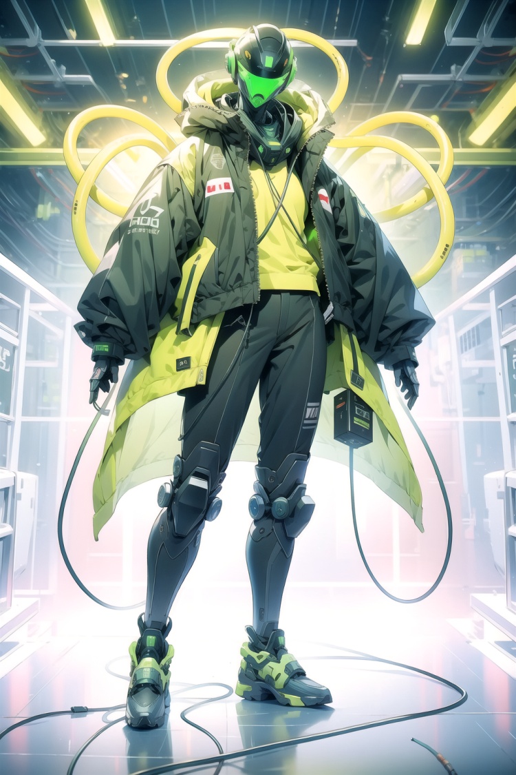 No human, solo, fluorescent green, sci-fi, robot green, full body side, green clothing, green pants, green cable, cable, green tube, jacket, wire