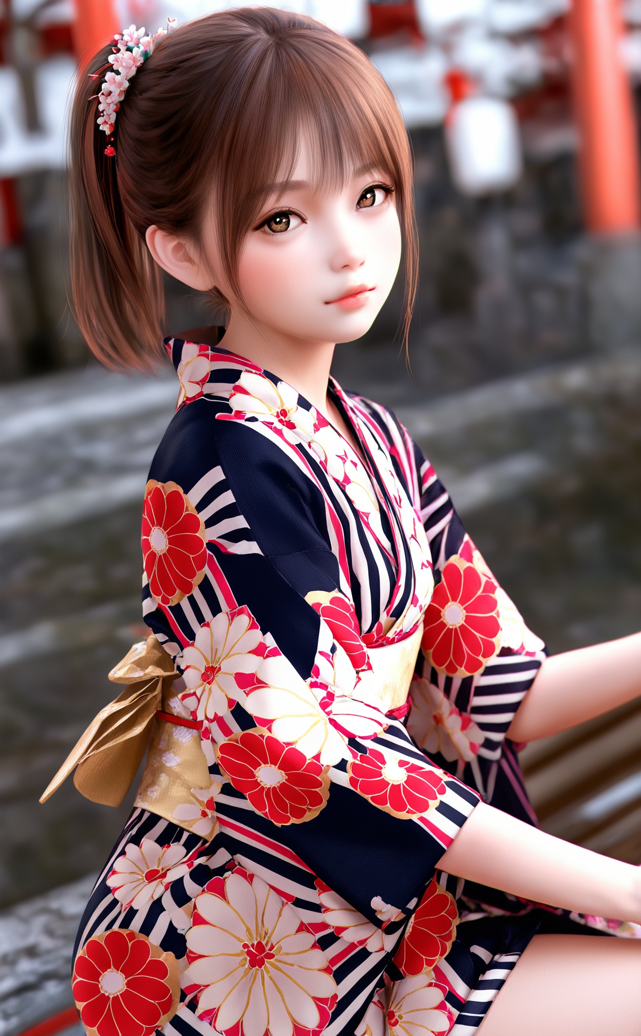 masterpiece,highres,newest,best quality,high quality,loli,petite,chromatic_aberration,//,loli,3D,3d cg,1girl,japanese clothes,solo,kimono,brown hair,realistic,looking at viewer,floral print,lips,blurry,//,year_2023,year_2024,//,