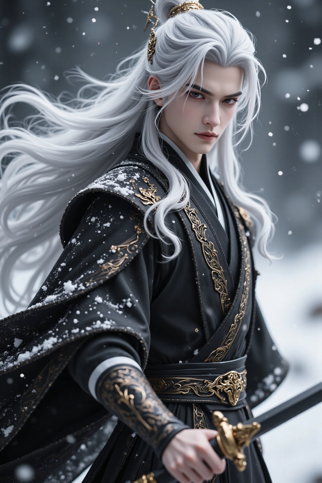 CGI,The image depicts a figure with long,flowing white hair and a black and white color scheme. The character is dressed in an elaborate black and gold outfit,adorned with intricate patterns. The figure is holding a sword with a golden hilt,poised as if ready for combat. The background is a snowy scene,with snowflakes gently falling and a blurred,wintry landscape. The character's expression is serious and focused,suggesting a moment of tension or readiness.,