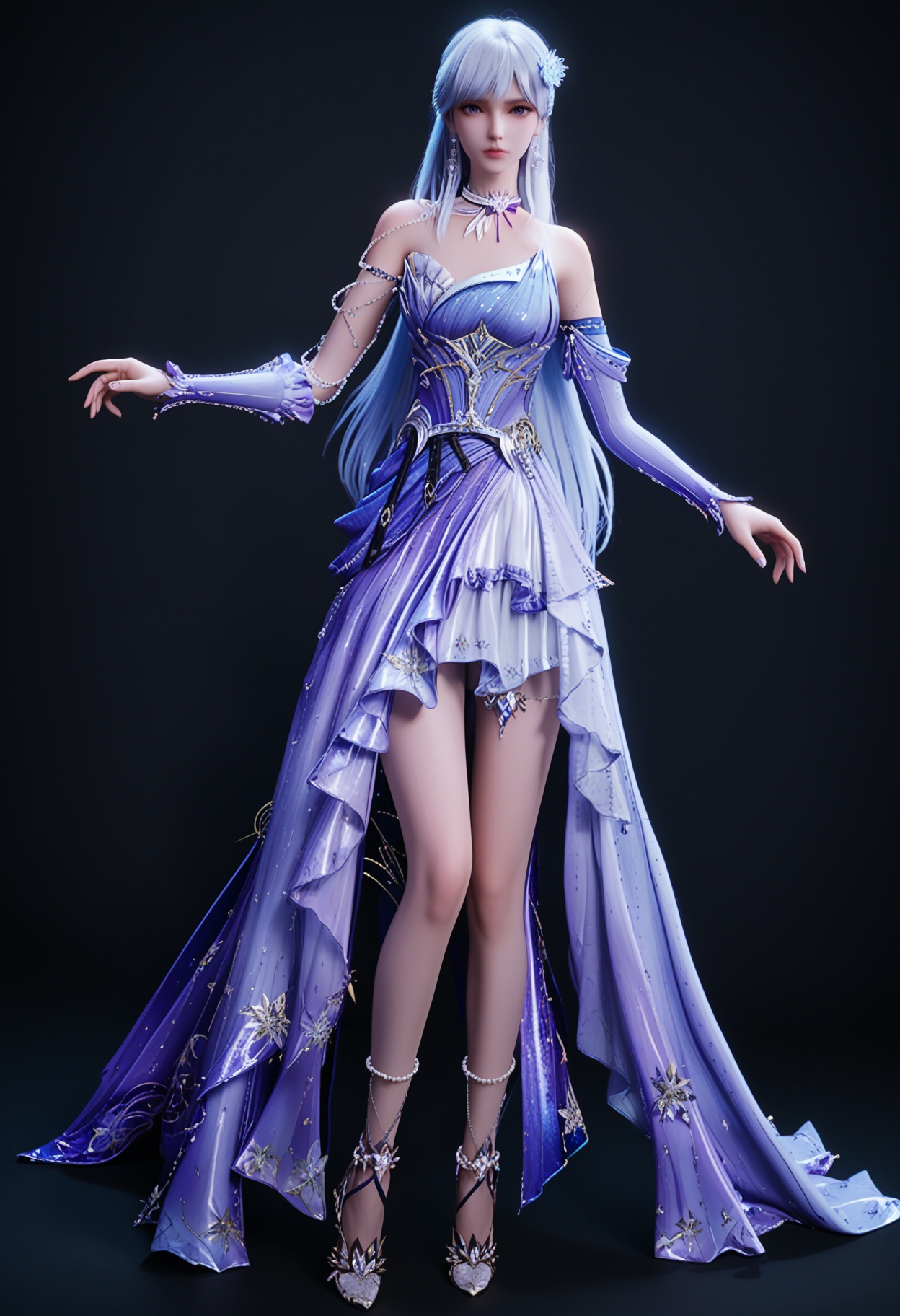 (standing full_body:1.1),(score_9:1.2),(score_8_up:1.2),(top quality, 8k wallpaper:1.1),(masterpiece:1.1),(best quality:1.2),(intricate details),8k,1girl,facing viewer,(looking at viewer:1.1),<lora:YQ_pony_shengcaier_fuzhuang6_V4:0.95:lbw=1,1,1,1,1,1,1,1,1,0.8,0.8,0.1>,<lora::0.8>,q1528437228,1girl,solo,long hair,jewelry,hair ornament,earrings,dress,purple eyes,white hair,choker,high heels,necklace,blue hair,blue eyes,purple hair,BREAK(score_9:1.2),(score_8_up:1.2),masterpiece,best quality,very aesthetic,perfect anatomy,(hourglass),perfect face,(simple background,pure black background,black background:1.1),(fair_skin:1.1),(shiny_skin:1.2),(Ivory_skin:1.1),