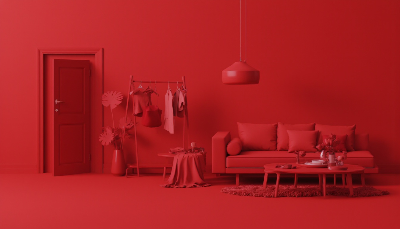 <lora:FL-bailing-24-0911monochromatic8p:1>,bailing_monochromatic,red,door,clothes_rack,chair,table,couch,carpet,