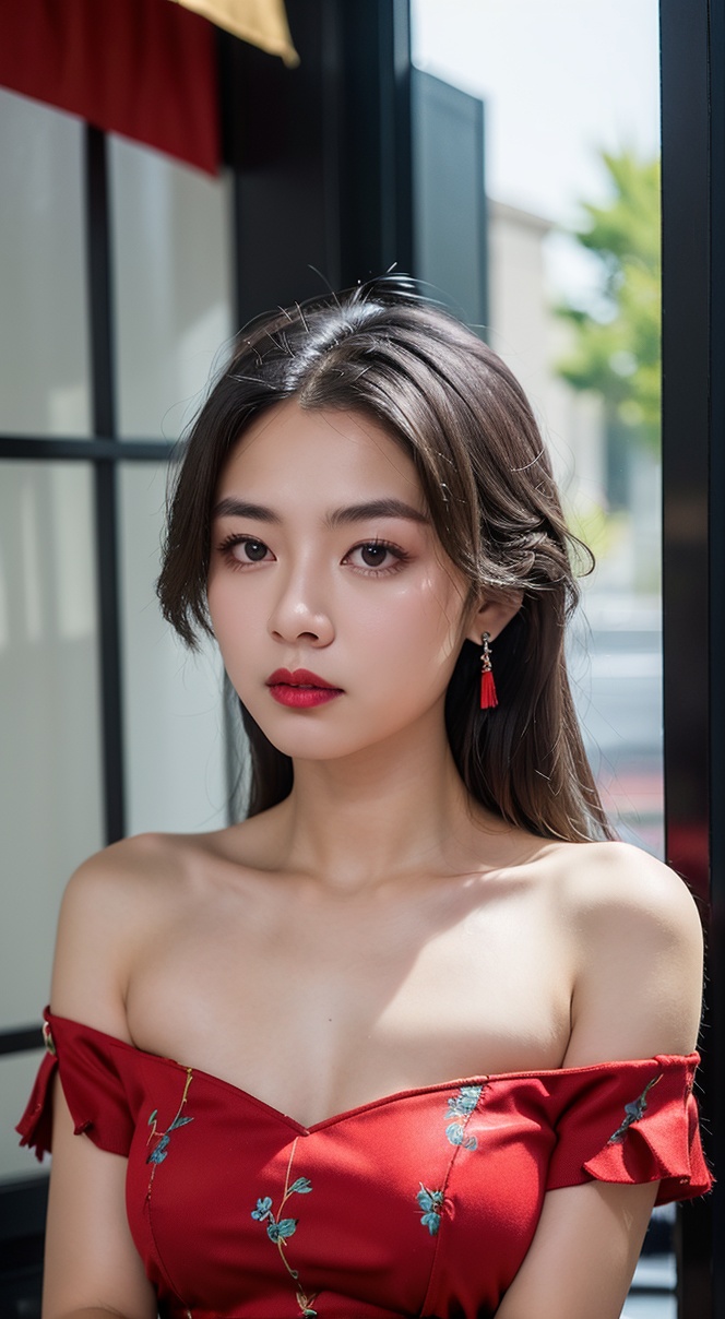 1girl,hair ornament,solo,flower,hair flower,candle,earrings,jewelry,black hair,black eyes,blurry,lips,red lips,looking at viewer,tassel,depth of field,makeup,realistic,(red_clothes:1.3),chinese clothes,floral print,upper body,medium breasts,off-the-shoulder,