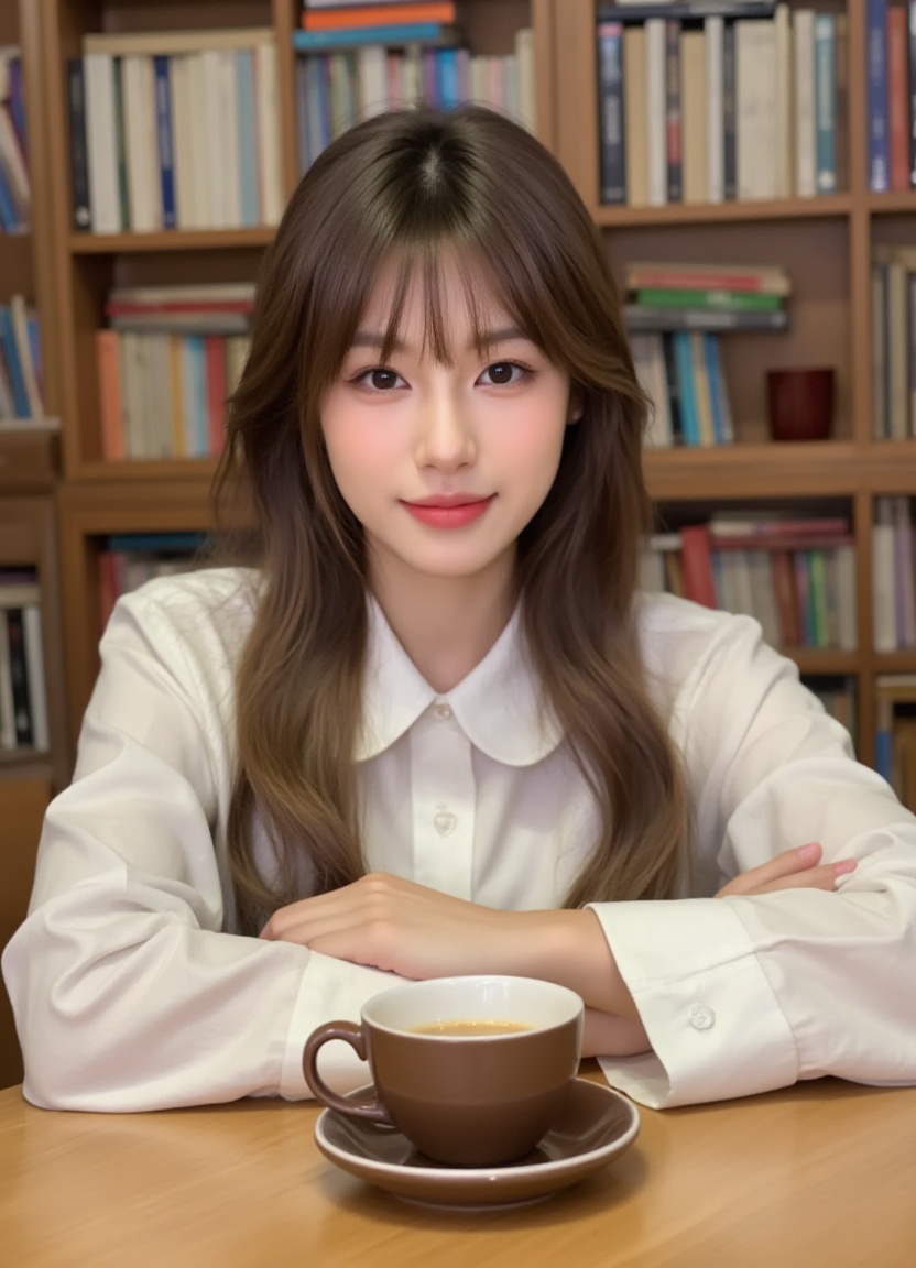 A woman is sitting at a table. She has long brown hair and is wearing a white shirt. There is a brown cup on the table in front of her. There are bookshelves behind her.,