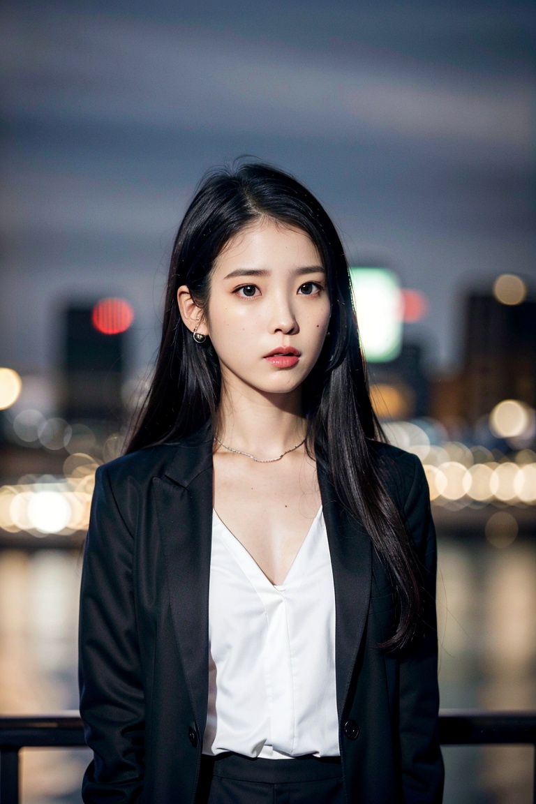nikon RAW photo,8 k,Fujifilm XT3,masterpiece, best quality, 1girl,solo,realistic, photorealistic,ultra detailed,diamond stud earrings, long straight black hair, hazel eyes, serious expression, slender figure, wearing a black blazer and white blouse, standing against a city skyline at nightiu1, <lora:iu_v35:1><lora:lightAndShadow_v10:0.7>