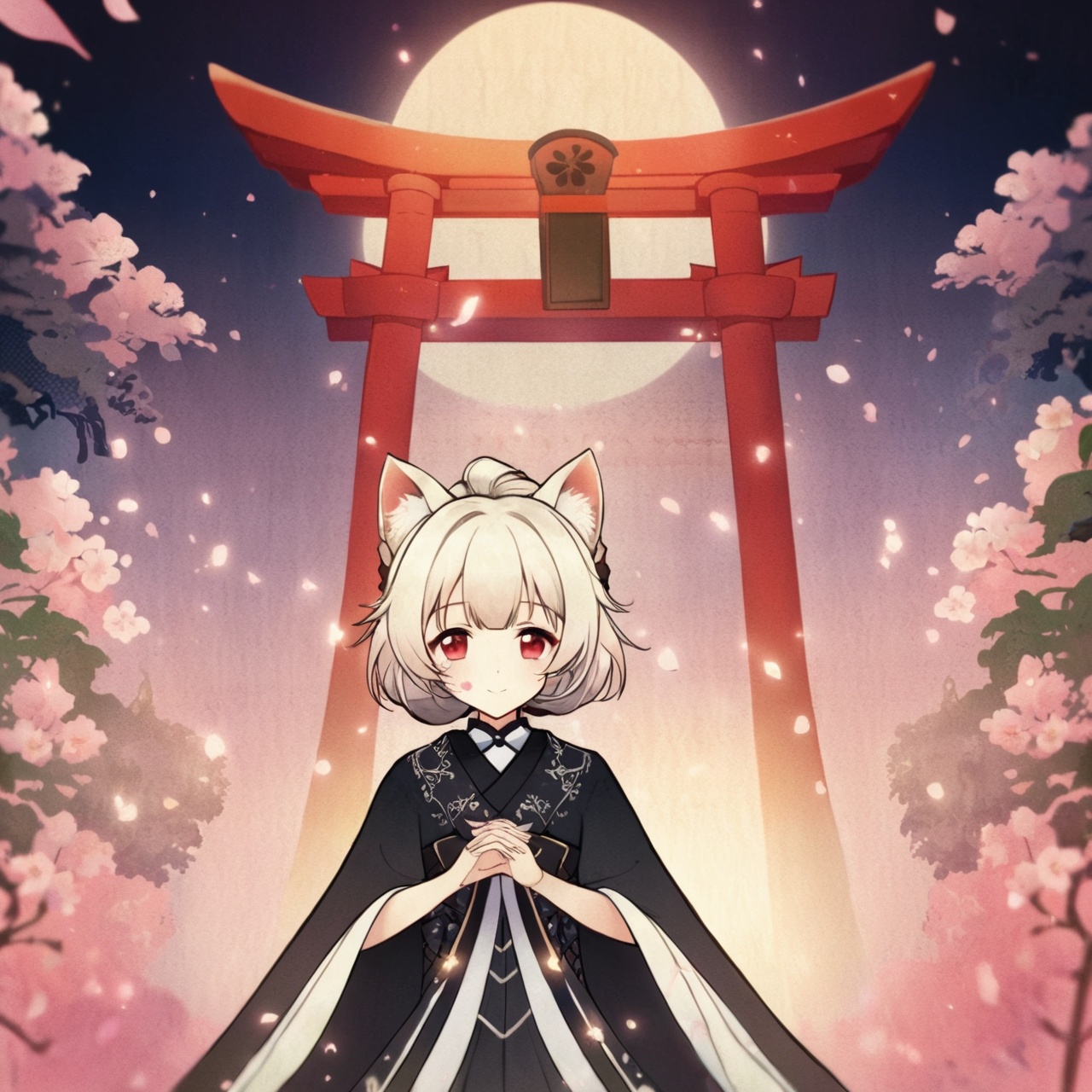 (((masterpiece))),(illustration:1.3),(((best quality))),amazing,detailed unity 8K CG wallpaper,ultra detailed,((1 14_years_old girl:1.1)),((fox girl)),(fox_ears),cowboy shot,long delicate_and_intricate white hair and white marble glowing skin,beautiful pony_tail,beautiful glowing red eyes,delicate_and_intricate face,flowers on face,growth,nature,beautiful face,zoom in on eyes,standing,smile,(shy),(gorgeous [Gothic_Lolita:kimono:0.6] chiya),super detailed clothes,(extremely detailed background),torii,garden,stone brick road,fallen sakura_petals,pink_sakura_trees,spring,detailed sky and cloud,best lighting,sunburst,outline_shadow,incredibly_absurdres,<lora:GI.inazuma-fp8-lokr:1>,