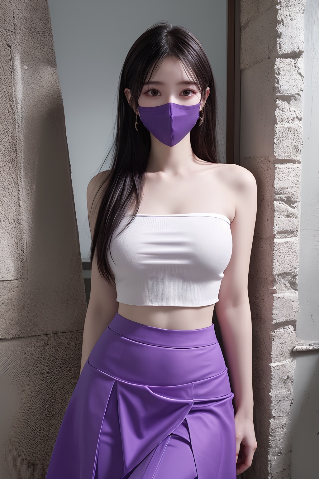 1girl, bangs, bare shoulders, black hair, black skirt, covered mouth, gas mask, long hair, mask, midriff, mouth mask, nail polish, pencil skirt, purple nails, purple skirt, skirt, solo, surgical mask, tape gag  <lora:口罩:0.8>