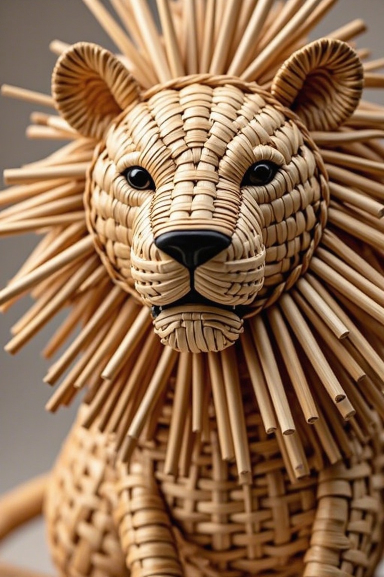 Handwoven,solo,looking at viewer,fine and dense weaving of bamboo strips,creative design,bamboo silk bamboo weaving primary color,simple background,grey background,blurry,black eyes,no humans,animal,1 a lion with finely woven bamboo strips.,lion,<lora:models/4414/f2697c8c.safetensors:0.8:0.8>