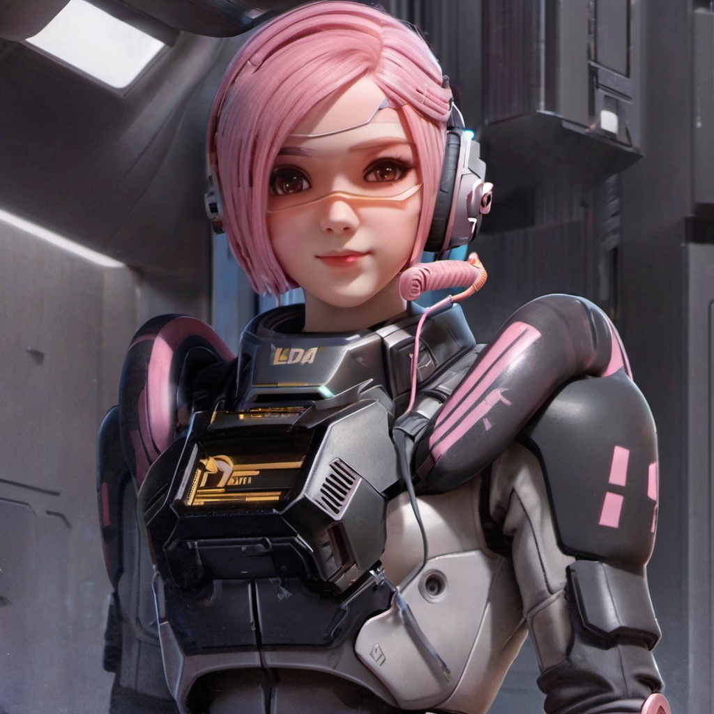 <lora:lida_xl_2_v2:0.8:lbw=NEW>,full body,lida,1girl,pink hair,solo,headset with microphone,futuristic armored suit,wearing a futuristic armored suit,short hair,
