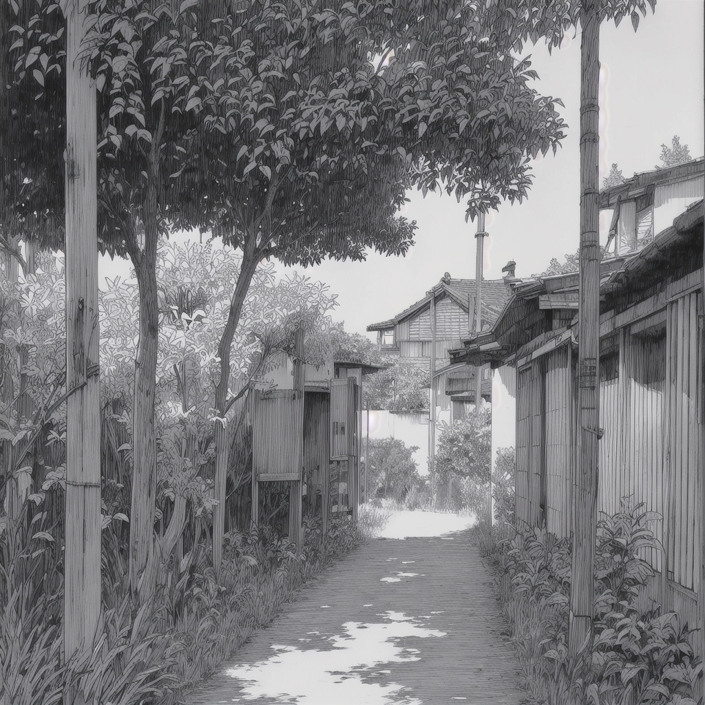 jiedao,greyscale,monochrome,no_humans,scenery,traditional media,outdoors,<lora:素描街道test-0000010:0.85>,gohei,grass,tree,, masterpiece, best quality,