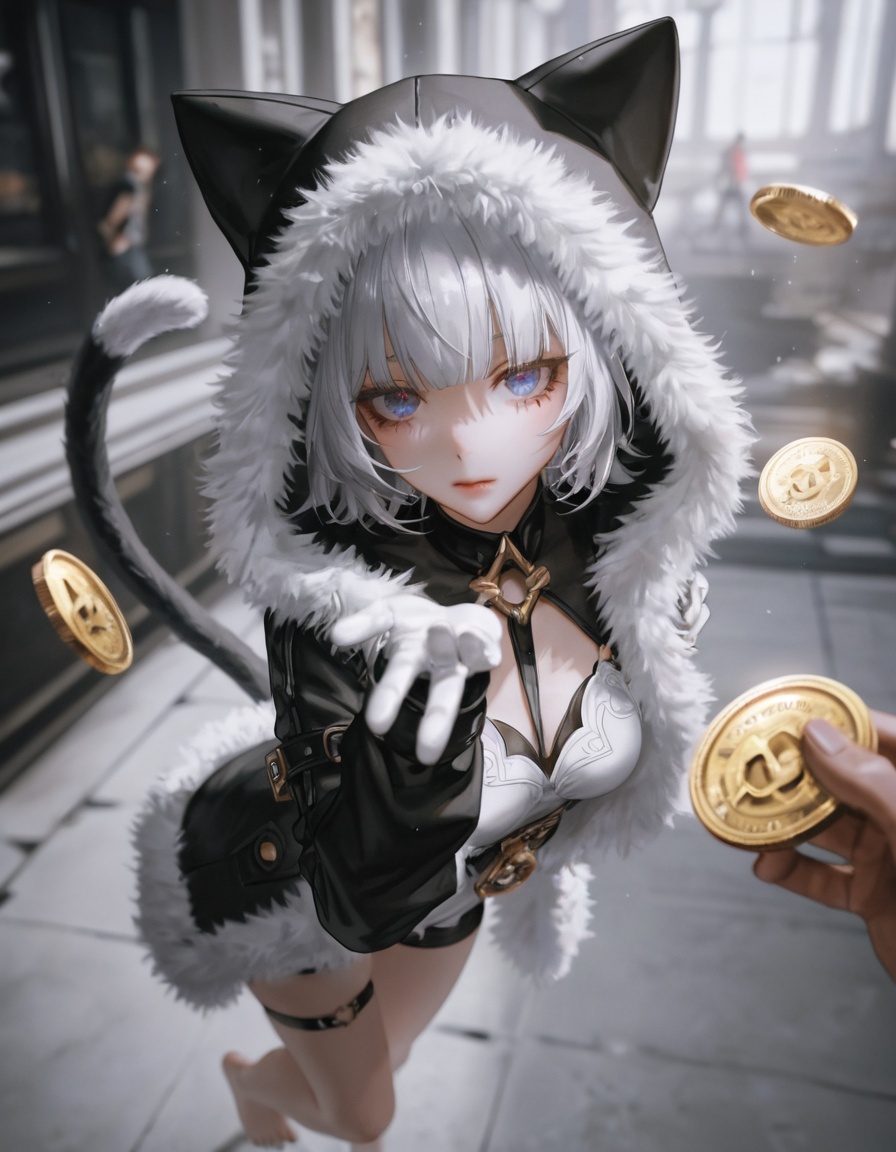 Sophie \(honkai_star_rail\),Depth of field,light particles,lens flare,(artist: quasarcake:0.8),extreme aesthetic,(wrop:0.6),wanke,rella,wanke,masterpiece,best quality,good quality,new,year 2024,year 2023,very aesthetic,absurdres,Visual impact,Electromotive force,perspective composition,a shot with HD,ultra-high resolution,32a-high,best quality,masterpiece,Emotionalization masterpiece,unconventional supreme,masterful details,with a high-end texture,in the style of fashion photography,(Visual impact:1.2),giving the poster a dynamic and visually striking appearance,impactful picture,official art,colorful,splash of color,movie perspective,masterpiece,best quality,amazing quality,very aesthetic,absurdres,best quality,good quality,new,best quality,cowboy shot,looking at viewer,solo focus,face focus,eyes focus,dynamic angle,barefoot,solo,1girl,cat ears,white hair,mischievous,pinching a gold coin,glowing gold coin,cattail,beautiful legs,blue eyes,gloves,foot,Sophie \(honkai_star_rail\),grey hair,cat hood,cat tail,blue eyes,cat ears,