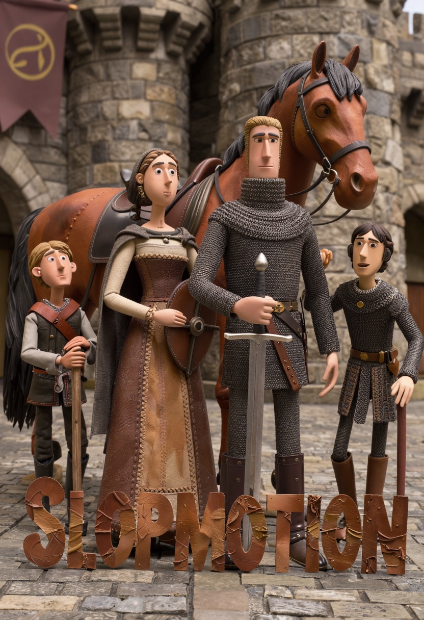 claymation,  the text "SLOPMOTION" centered prominently,  made of scraps of leather with thick on Tensor.Art