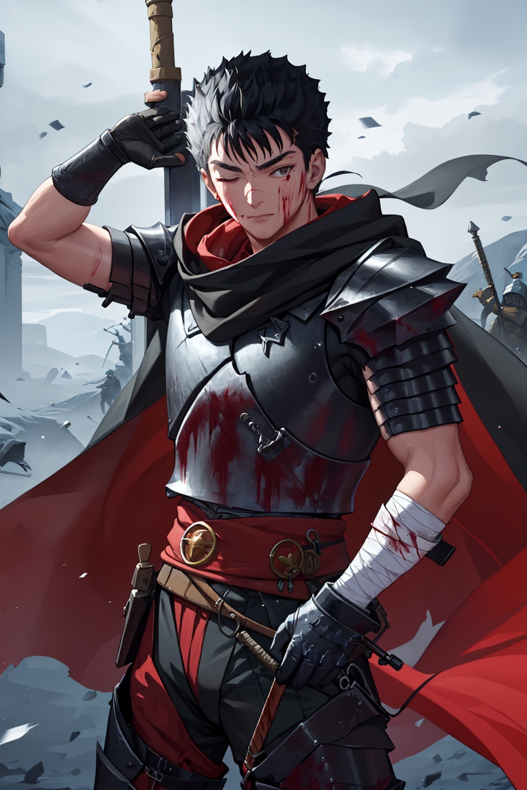 masterpiece,best quality, highly detailed, 1boy,guts (berserk),holding sword,male focus,one eye closed,scar on nose,solo,bandaged arm,black cloak,cape,closed mouth,huge weapon,prosthetic arm,shoulder armor,black armor,greatsword,looking at viewer,blood on face,blood on weapon,<lora:guts_(berserk):1>