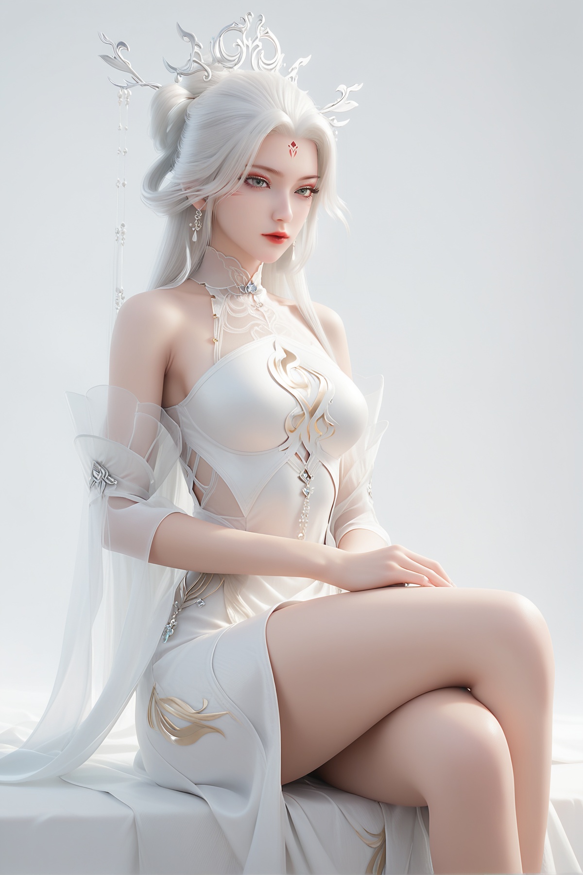 score_9,score_8_up,score_7_up,<lora:wy_xiaobai_by_XL7.0:0.8>,1girl,long hair,breast,medium breast,forehead_mark,earrings,hair_ornament,dress,white hair,eyes,white_dress,thick_thighs,simple background,white_background,sitting,