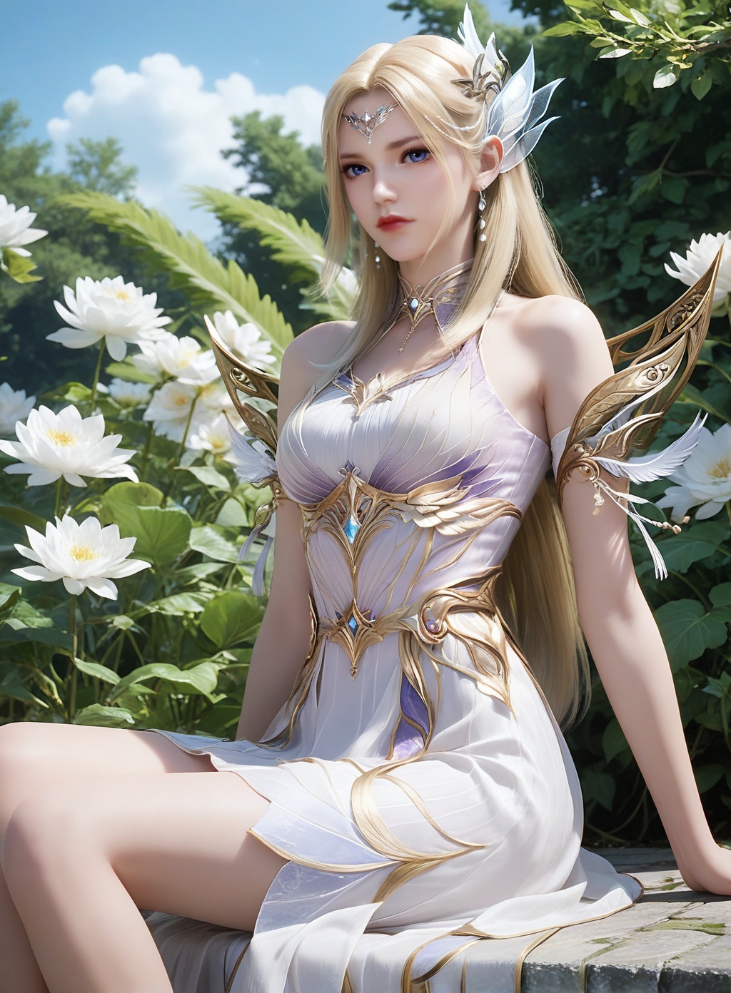 score_9,score_8_up,score_7_up,1girl,solo,long hair,hair_ornament,<lora:wy_qianrenxue_sz_XL7.0:0.8>,blonde hair,blue eyes,dress,forehead_mark,thick_thighs,white dress,gaden,flower,sitting,outdoors,