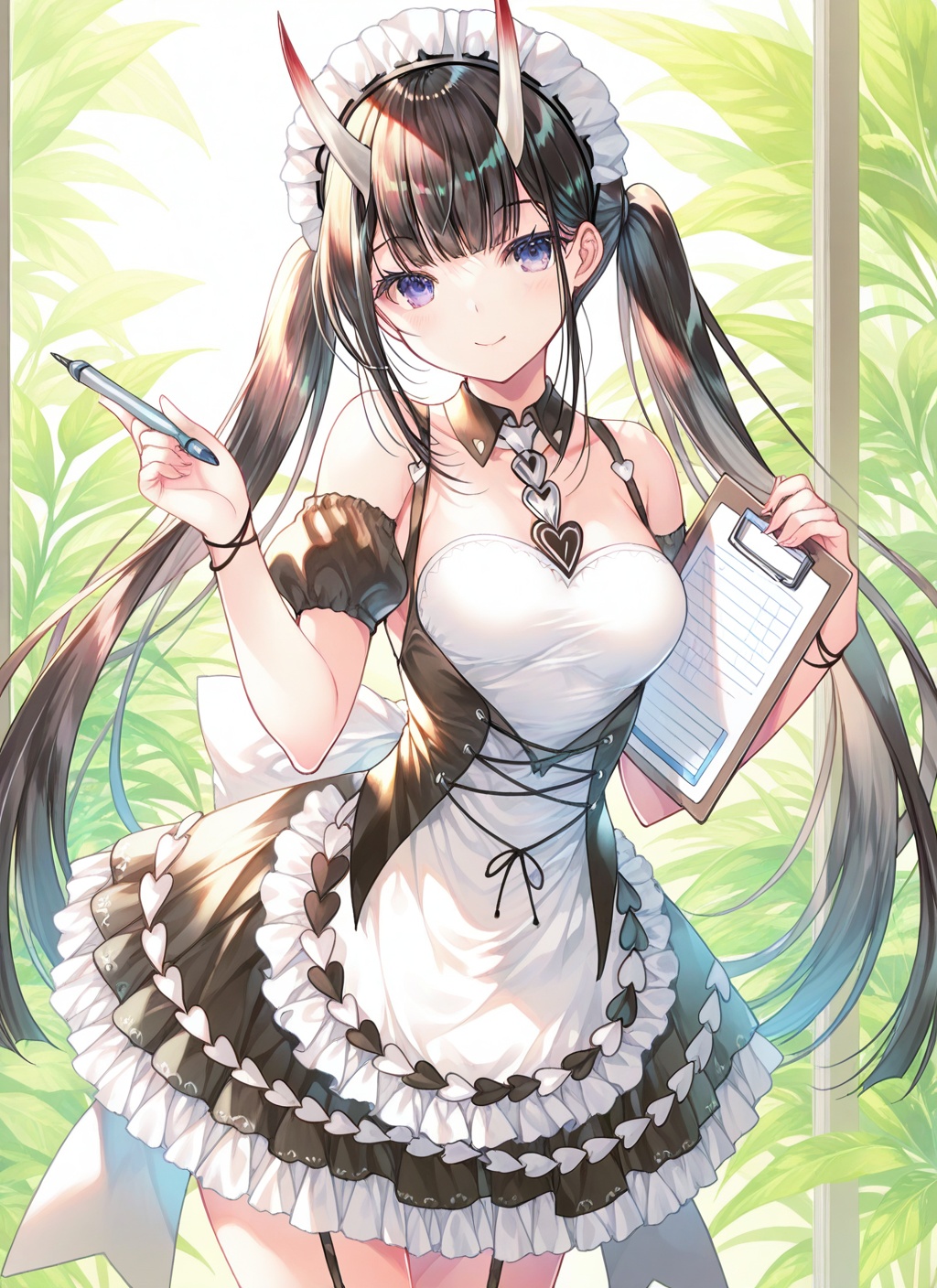 <lora:noshiro_IL_v1.0:1>,noshiro \(hold the ice\) \(azur lane\),twintails,maid,smile,(clipboard:0.8),miwabe sakura,watercolor (medium),, masterpiece,best quality,