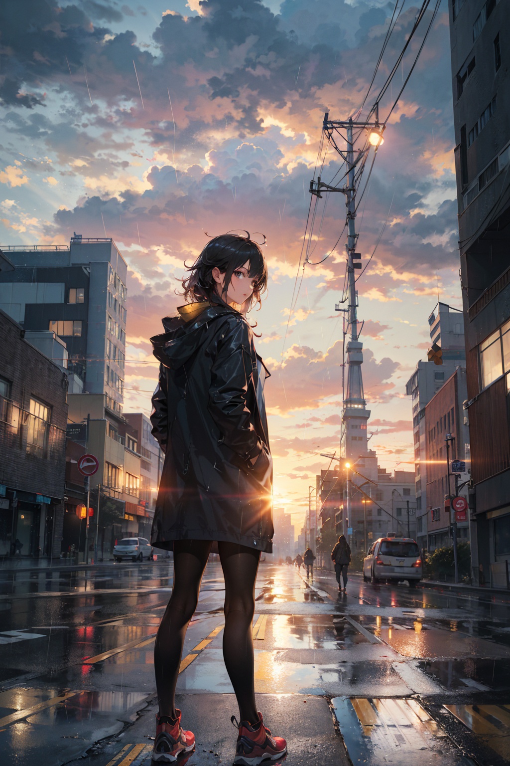 masterpiece,best quality,(ray tracing, cinematic lighting),ex-light,(central composition, Centered Composition and Symmetry:0.6),(back to camera:1.3),backlight,1girl,((solo)),black long hair,messy hair,jacket,pantyhose,rainy day,Cumulonimbus Cloud,(put hands in pockets),(outdoors, rain, sky, deserted streets, watered-down pavements, crossroad, fork in the road),tall buildings,bell towers,glass,reflections,streetlights,sunset,Tyndall Effect,