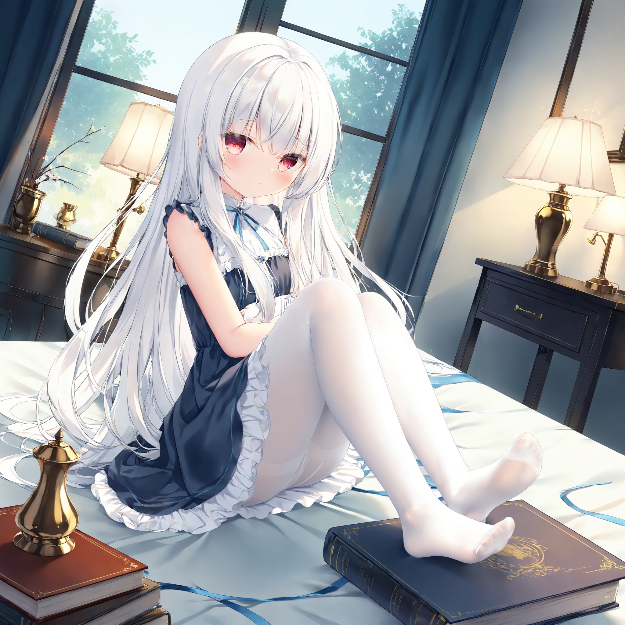 gzc,1girl,solo,white hair,no shoes,white pantyhose,long hair,looking at viewer,feet,sitting,dress,closed mouth,window,book,lamp,<lora:gzc_v5:0.75>,