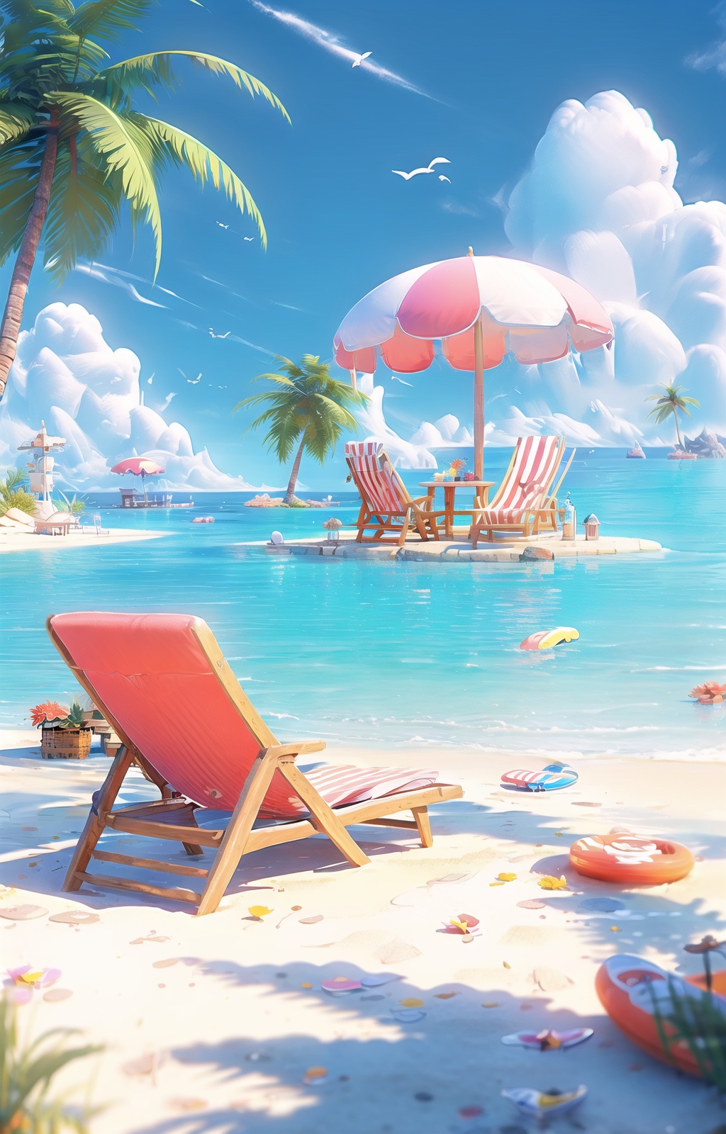 xiarshat,outdoors,day,cloud,sky,tree,palm tree,scenery,beach,no humans,flower,ball,umbrella,beachball,boat,water,bird,blue sky,ocean,beach umbrella,watercraft,<lora:xiarshat:1>,