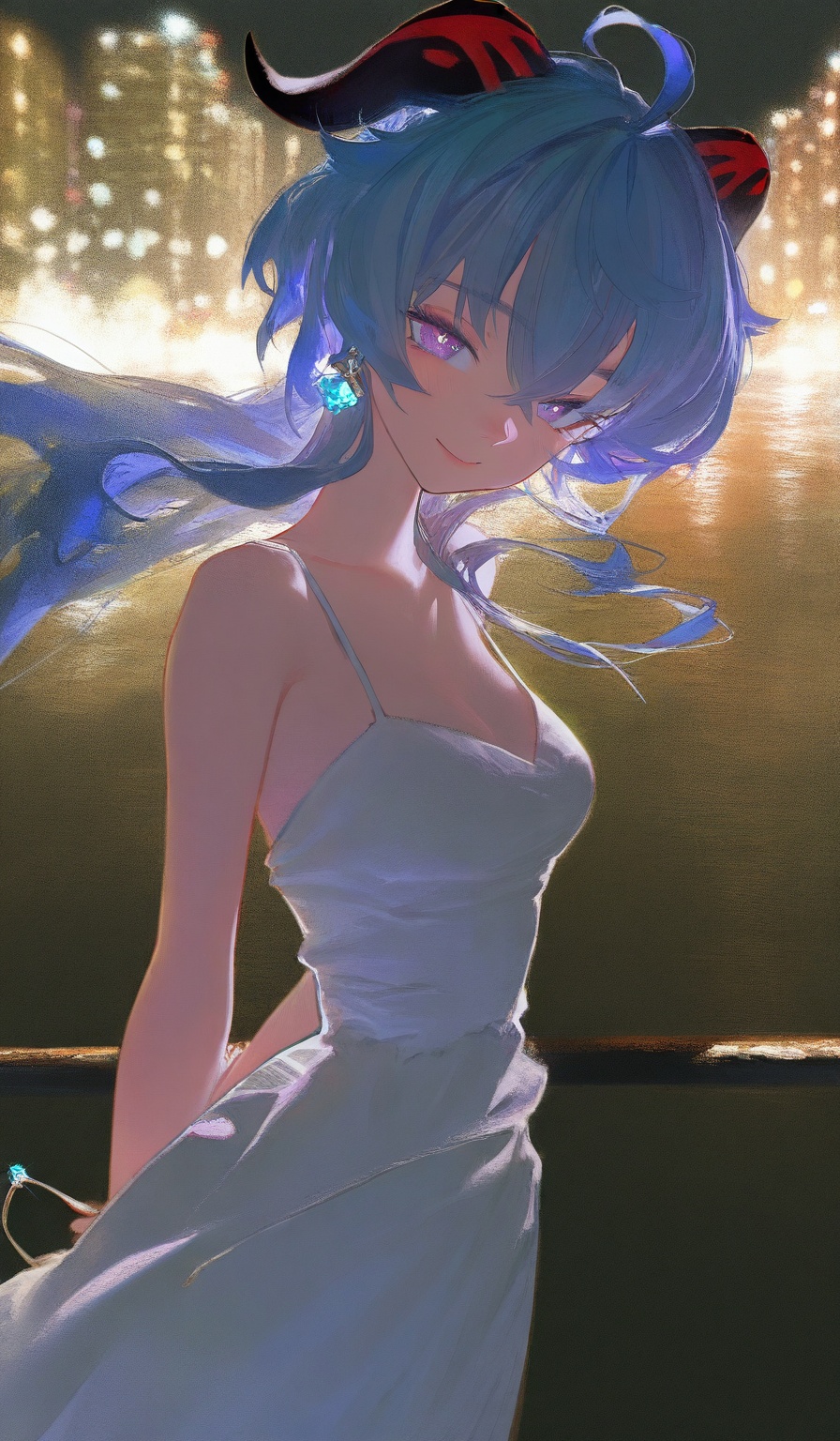 <lora:沉迷mo鱼画风:1>,very awa,masterpiece,best quality,year 2024,newest,highres,absurdres,(artist: potg_(piotegu):1.1),(artist: deadflow:1.1),(artist: caisan:0.9),(artist: As109:0.9),(artist: fagun_yibei:0.8),(artist: kidmo:0.8),(artist: mau_sakura:0.7),(artist: krenz:0.7),(artist: bm tol:0.7),(artist: nixeu:0.6),(artist: fkey:0.6),(artist: yomu_(sgt_epper):0.6),(artist: yomiya_sateko:0.6),(artist: saaal653:0.5),(artist: ask \(askzy\):0.5),(artist: betabeet:0.4),(artist: asanagi:0.3),(artist: gurande_(g-size):0.3),(artist:john_kafka:0.2),(artist:nixeu:0.2),(artist:quasarcake:0.2),(artist: bm tol:0.1),(contour deepening:1.5),(lineart:1.5),(oil painting:1.3),(frottage:1.5),(light:1.3),(dark:1.1),(80s movie:1.3),(film grain:0.3),(chromatic aberration:0.5),(light and shadow contrast:1.3),(realistic background:0.8),(photo background:0.5),(blurry background:0.3),1girl, solo, blue hair, dress, long hair, smile, looking at viewer, purple eyes, ganyu (genshin impact), railing, bangs, jewelry, blurry, earrings, outdoors, white dress, night, bokeh, blurry background, alternate costume, bare shoulders, hair between eyes, closed mouth, from side, breasts, city lights, depth of field, handbag