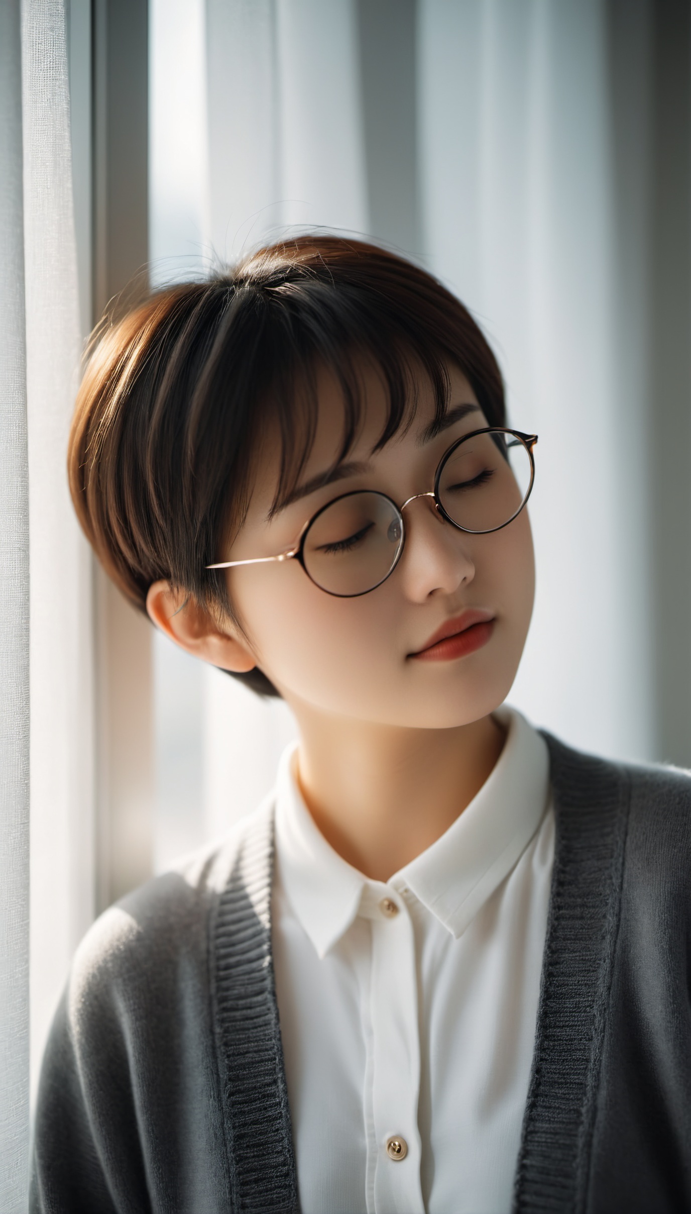 cinematic photo A short hair 18yo Chinese woman wearing a white shirt and sweater cardigan is standing near a window with...