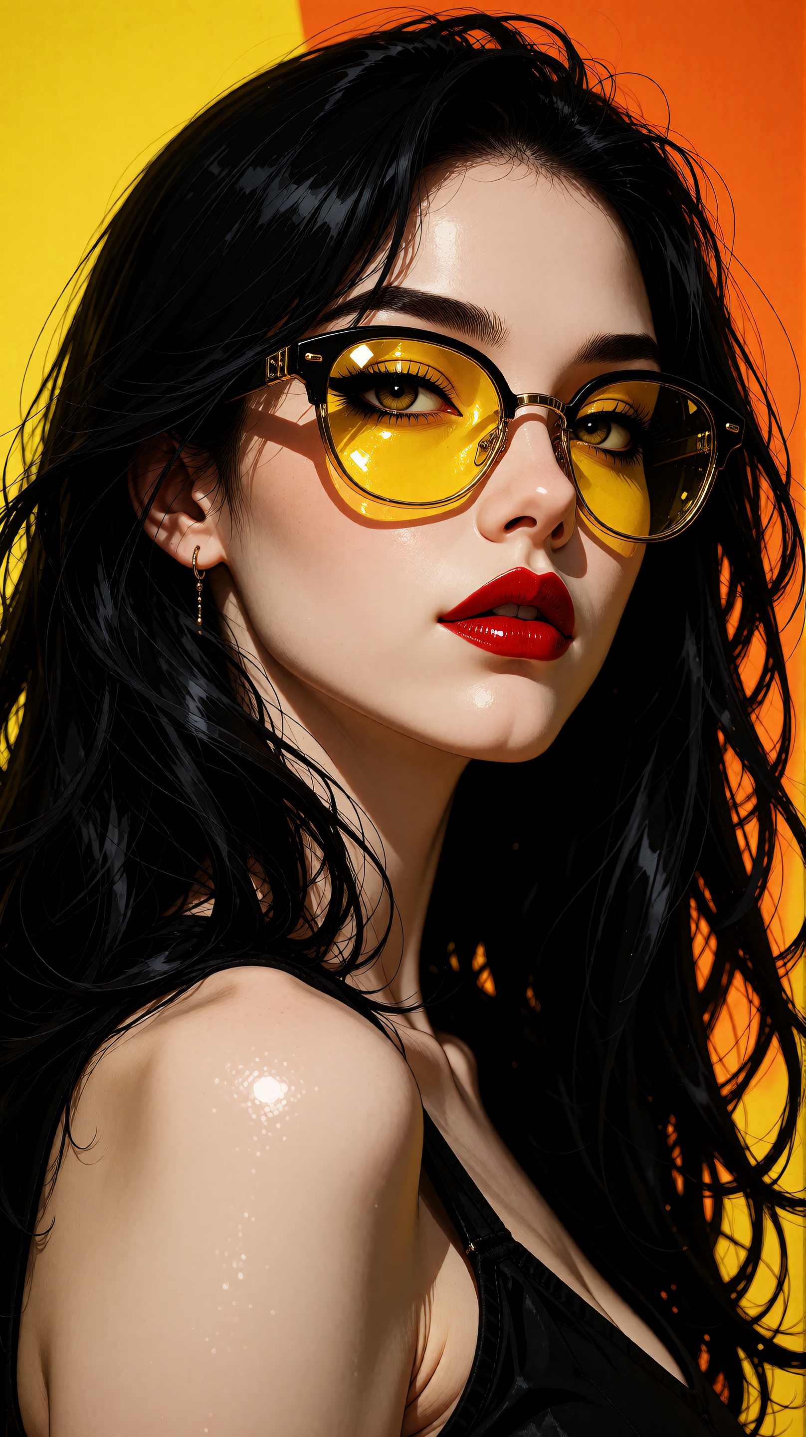 A highly detailed and vibrant digital illustration of a woman with long black hair and striking yellow sunglasses. the wom...