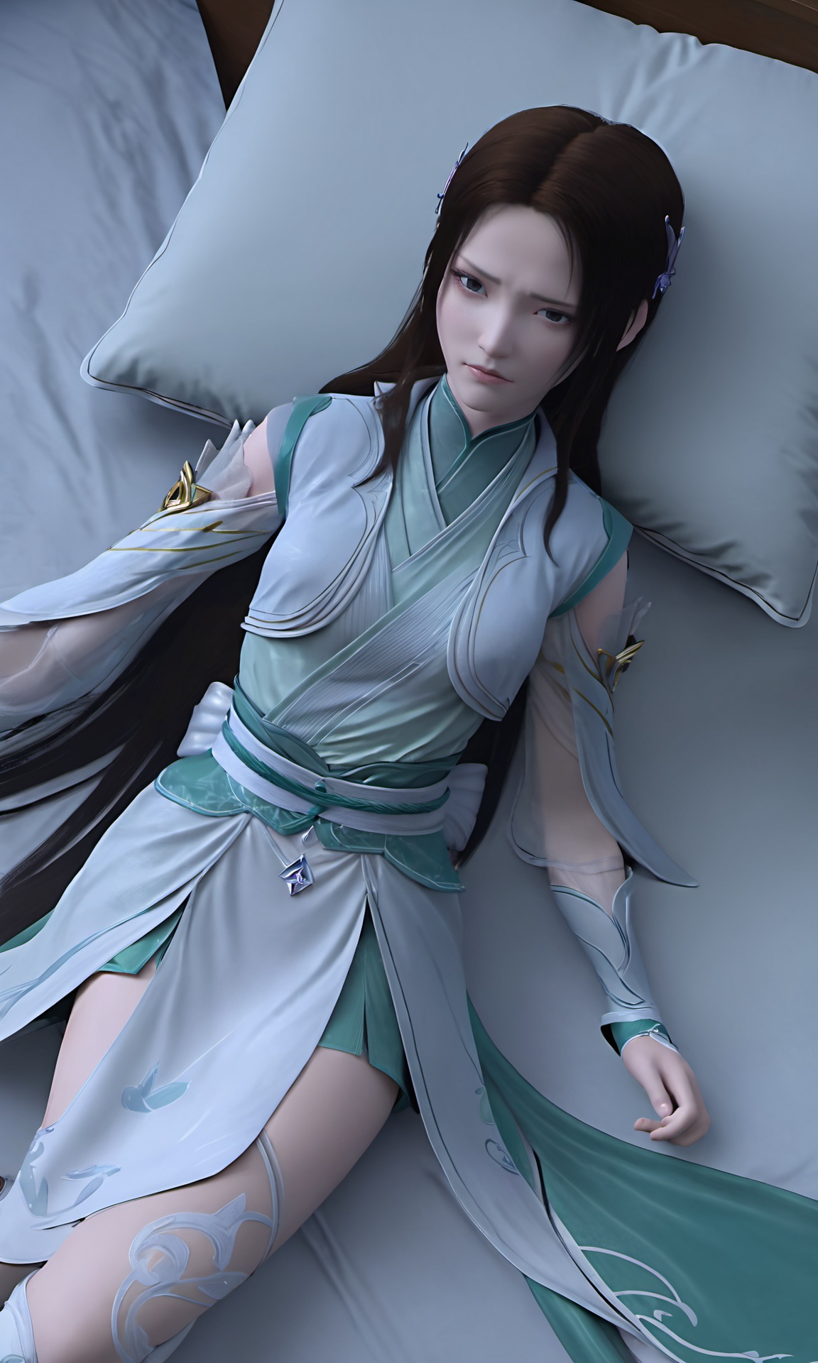 Nora,high angel front view of Nora with long black hair wearing cyan Hanfu,<lora:DPCQ-new Nora:0.9>,lying in bed,