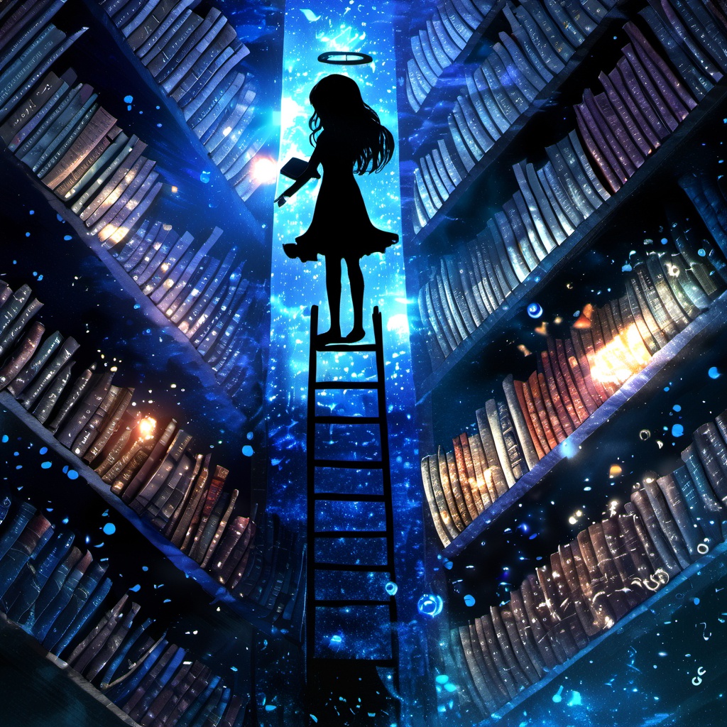 <lora:star_xl_v3:1>,silhouette painting, 1girl, solo, blue theme, long hair, black hair, dress, standing, indoors, from behind, book, halo, floating, bookshelf, facing away, library, scenery, bubble, dark, a vast library filled with shelves upon shelves of books. the books are of various sizes and colors and designs and they emit a radiant blue glow, there's a silhouette of a girl standing on a ladder, seemingly reaching out to touch or interact with one of the books, floating orbs and particles scattered, vast library, shelves upon shelves of books, books of various sizes and colors and and designs, radiant blue glow, silhouette of a person, ladder, ethereal ambiance, floating orbs and particles