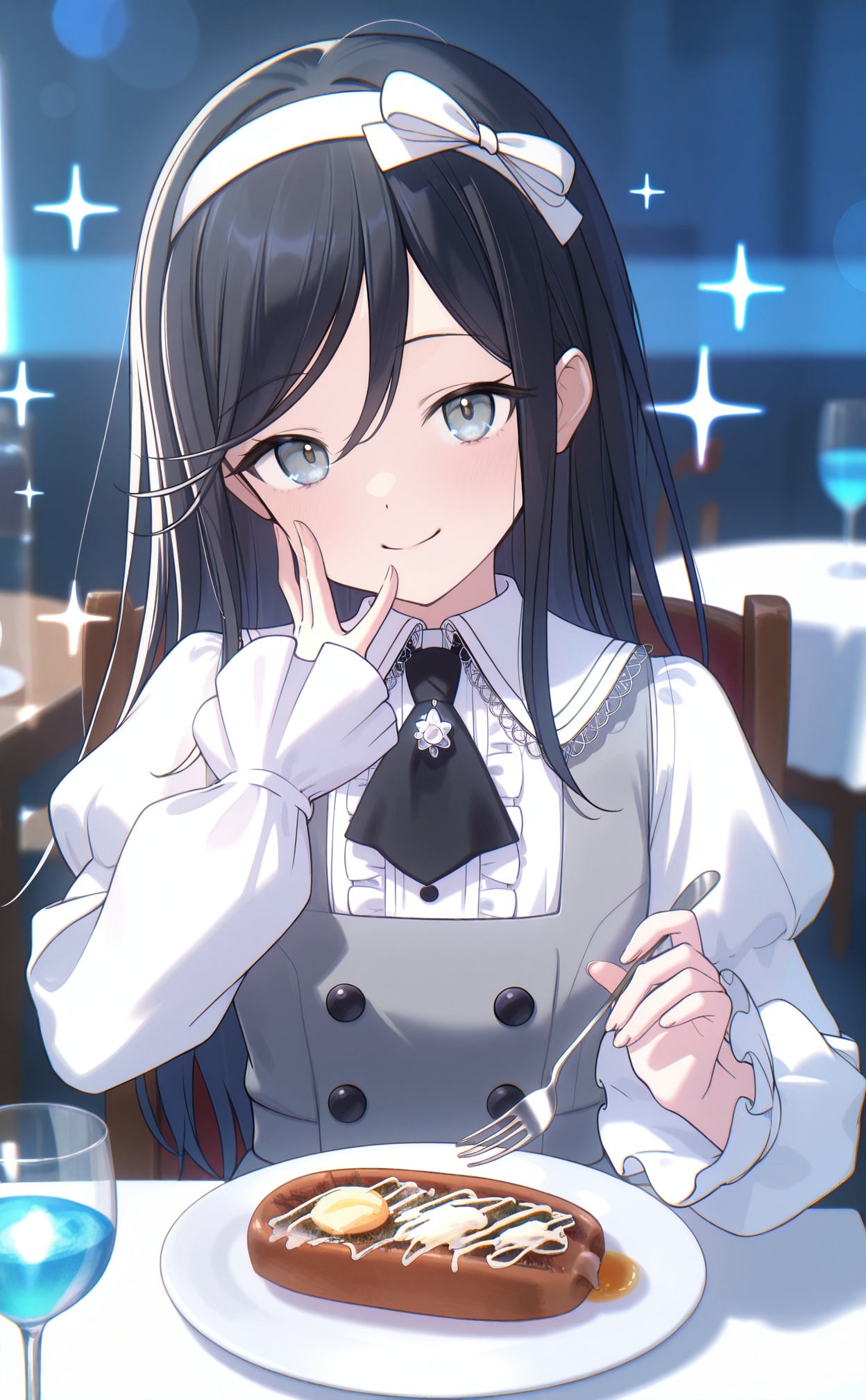 masterpiece,very aware,(highres),absurdres,newest,best quality,high quality,chromatic_aberration,White Theme,lightblue Theme,//,1girl,solo,holding fork,fork,drinking glass,blurry background,black ascot,holding,black hair,food,blurry,pov across table,long sleeves,dress,cup,hairband,hand on own face,looking at viewer,puffy sleeves,sparkle,frills,long hair,buttons,steak,upper body,closed mouth,ascot,plate,table,frilled sleeves,sitting,indoors,swept bangs,shirt,sleeveless dress,white shirt,drink,collared shirt,hand on own cheek,restaurant,sleeveless,bow hairband,depth of field,blue eyes,pinafore dress,grey eyes,hair between eyes,wine glass,dot nose,grey dress,chair,fingernails,puffy long sleeves,center frills,brooch,white hairband,ribbon,frilled dress,eating,juliet sleeves,tablecloth,smile,double-breasted,//,absurdres,newest,very aesthetic,amazing quality,highres,sensitive,ultra detailed,best anatomy,HDR,8K,high detail RAW color art,high contrast,illustration,depth of field,(colorful),phenomenal aesthetic,detailed light,blurred picture,Tyndall effect,contrast,lens flare,cinematic lighting,//,<lora:timmoo——【noob】hans:1>,