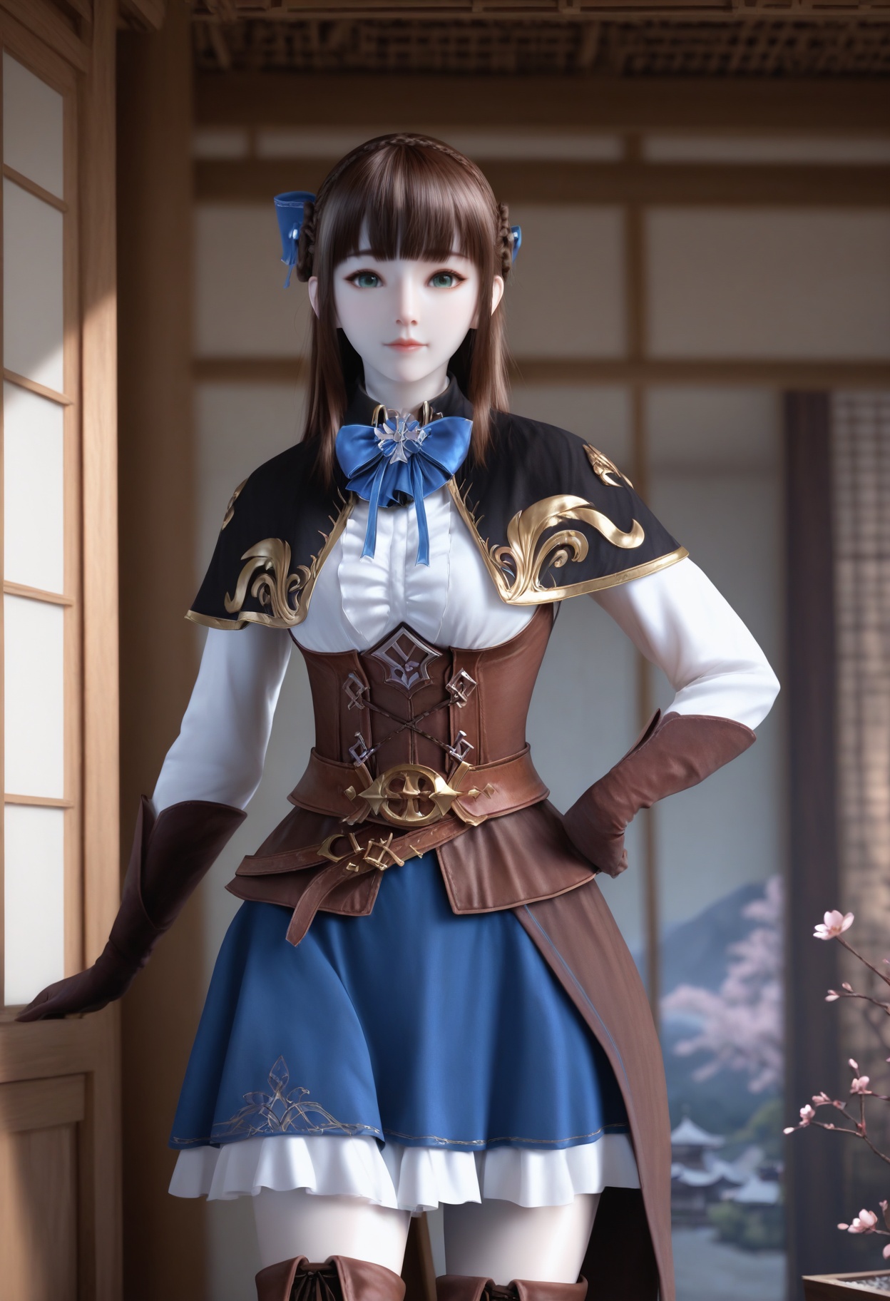 Rui_beika,1girl,blurry background,bangs,brown hair,blunt bangs,cowboy shot,braid,green eyes,crown braid,<lora:Rui_beika_10_illu-000008:0.75>,white shirt,brown elbow gloves,corset,blue bow,belt,blue ribbon,long sleeves,hair ribbon,hair bow,capelet,bowtie,thigh boots,brown footwear,blue skirt,cross-laced footwear,leather boots,photorealistic,hyperrealistic,<lora:realistic filter [IL]:1>,(pale skin),looking at viewer,standing,one hand on hiplantern,open window,looking at viewer,indoors,mountains,blossoms,flowers,east asian architecture,beautiful sunrise,warm ambient temperature,
