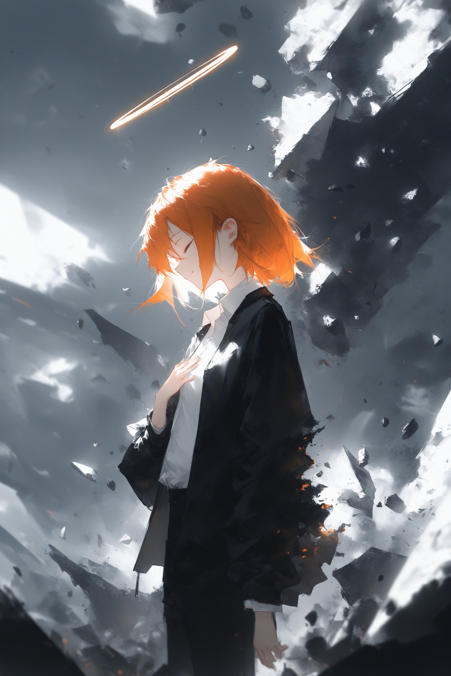 masterpiece,best quality,amazing quality,very aesthetic,absurdres,newest,highres,dino_(dinoartforame),1girl,absurdres,asteroid_ill,black_jacket,black_pants,closed_eyes,closed_mouth,collared_shirt,cowboy_shot,debris,disintegration,facing_ahead,floating_clothes,from_side,halo,hand_on_own_chest,highres,jacket,long_bangs,long_sleeves,medium_hair,open_clothes,open_jacket,orange_hair,original,pants,profile,shirt,sidelocks,smile,solo,white_shirt,