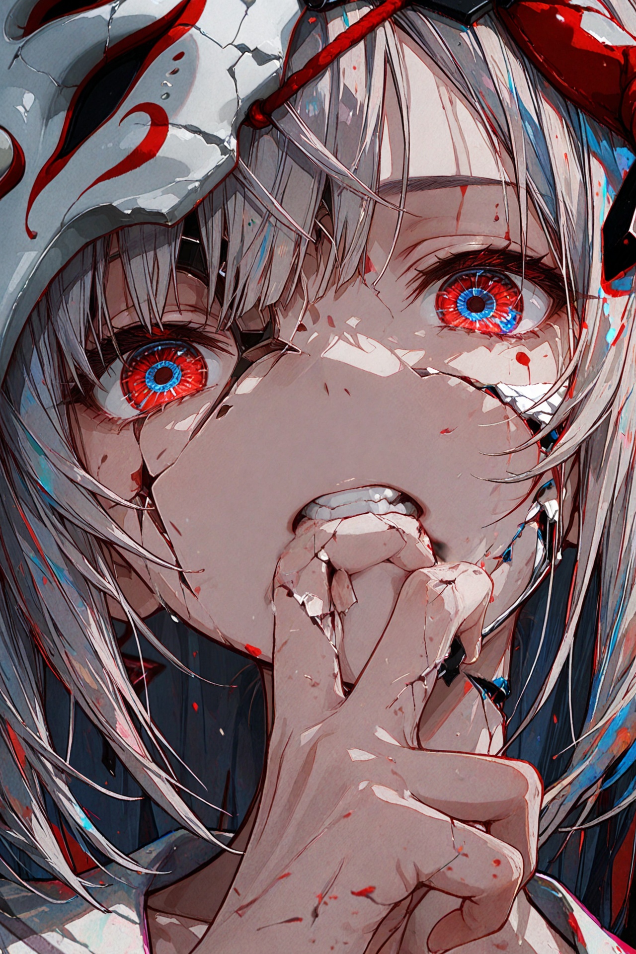masterpiece, asymmetric, abstract painting, close up, 1girl, half oni mask, half face, broken mask, missing mask parts, holding mask