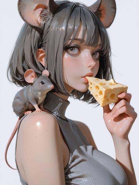 masterpiece, ultra-HD, photorealistic, impressionism, high detail, depth of field,  dynamic lighting, best quality, very aesthetic, 8k, best quality, realistic, muted colors palette.1woman, (japanese face), gray makeup, freckles, sideways glance, mouse ears, eating cheese. bob cut. big breasts. bare shoulders. wearing gray clothes. holding cheese, hand view, (mouse on shoulder). simple gray background, shadow, fashion photo theme. shoot from side, dynamic composition, dynamic angle, dynamic lighting.