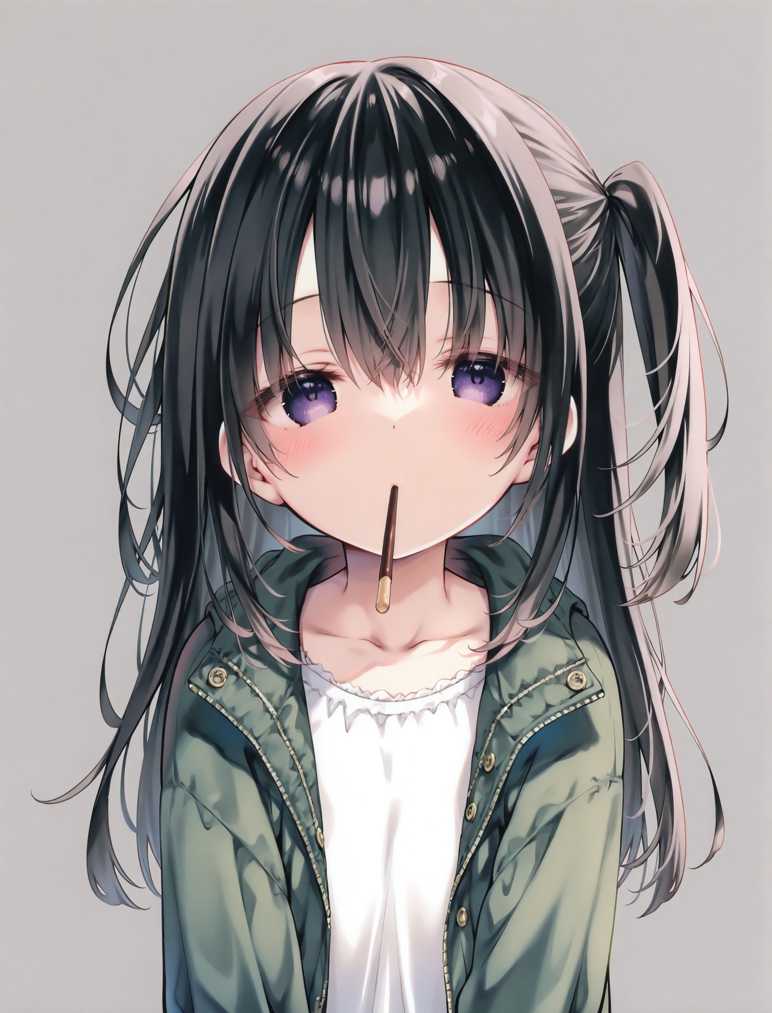 masterpiece,absurdres,best quality,petite,high quality,//,1girl, pocky, solo, food, black_hair, long_hair, pocky_day, looking_at_viewer, jacket, food_in_mouth, grey_background, upper_body, shirt, collarbone, simple_background, green_jacket, white_shirt, blush, purple_eyes, open_clothes, mouth_hold, open_jacket, one_side_up, long_sleeves, pocky_in_mouth, hair_between_eyes<lora:yuzuna_hiyo——【CKXL】hans:0.88>,