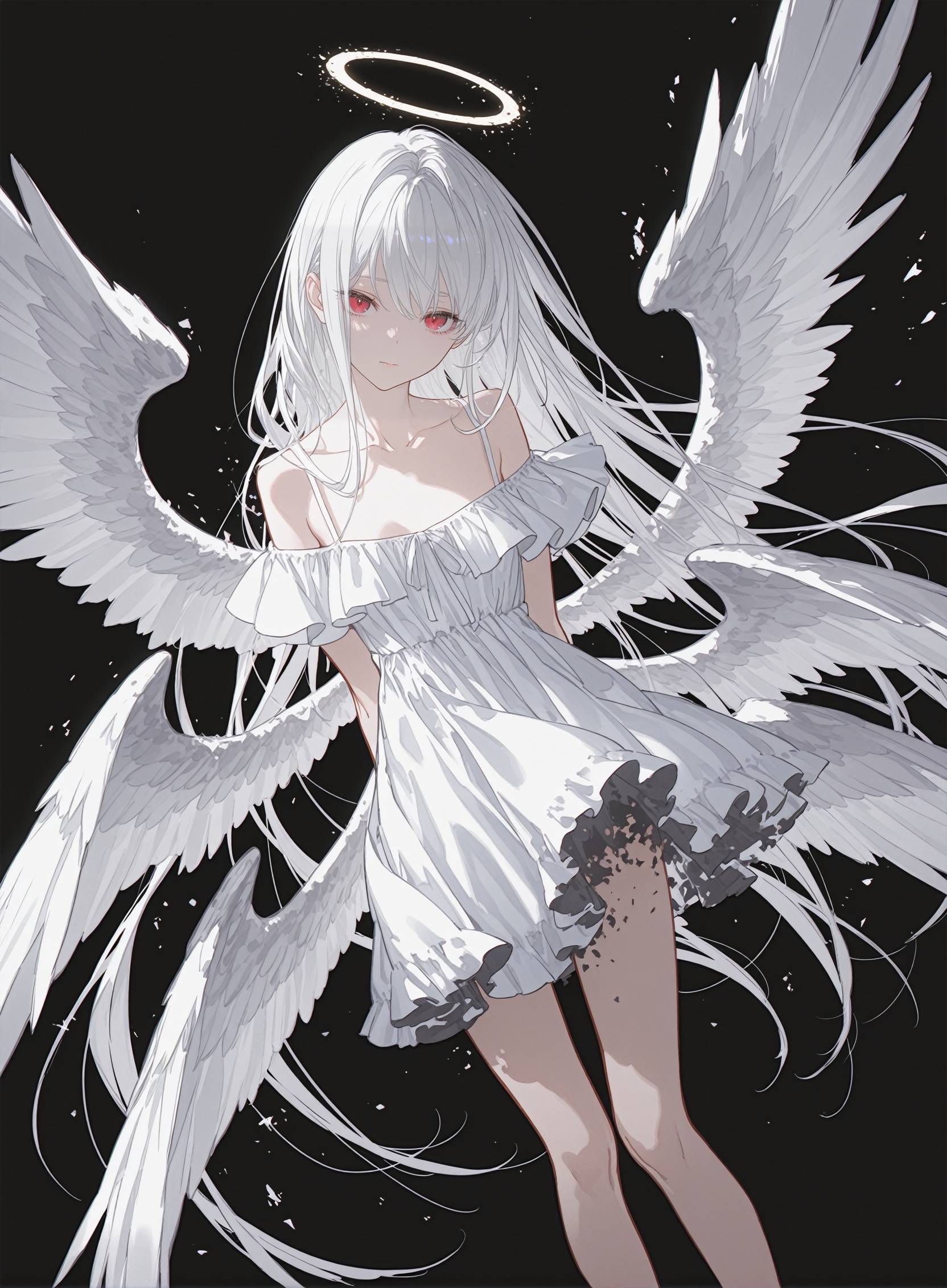 rtist:miv4t,(artist:yoneyama mai:0.8),(artlist:betabeet:0.8),(artist:rella:0.6),(artist:wanke:0.6),(artist:xilmo:0.6),masterpiece,best quality,amazing quality,newest,solo,1girl,wings, solo, long hair, halo, red eyes, multiple wings, dress, looking at viewer, bare shoulders, breasts, feathered wings, angel wings, angel, multiple wings, white hair, collarbone, white dress, arms behind back, closed mouth, black background, small breasts, very long hair, simple background, standing, bare legs, head tilt, off-shoulder dress, off shoulder, masterpiece, best quality, amazing quality, very aesthetic, absurdres, newest, from above, dutch angle, cross, glitch, fading border, (disintegration effect: distortion effect:1.4) 