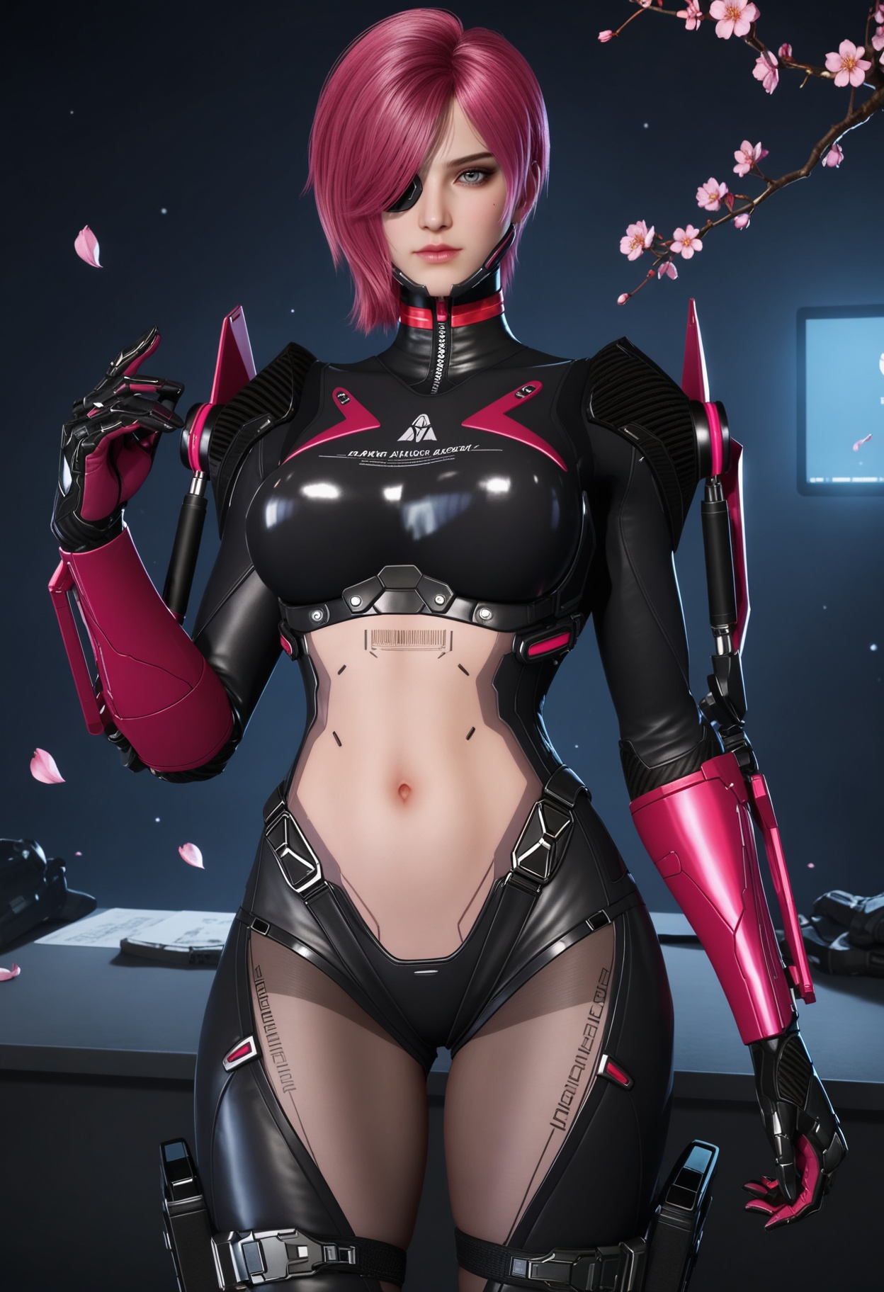 (cowboy shot:1.2),looking at viewer:1.1,masterpiece,(best quality),smog,Dark room,dim lighting,peach blossom,falling petals,<lora:YQ_Illustrious光辉v5_缇娜_V1:0.8>,q1528437228,1girl,solo,pink hair,short hair,bodysuit,hair over one eye,gloves,blue eyes,red hair,black bodysuit,boots,holster,armor,eyepatch,skin tight,tattoo,mechanical arms,thighhighs,one eye covered,cyborg,thigh strap,thigh holster,grey eyes,high heels,purple hair,thighs,crop top,