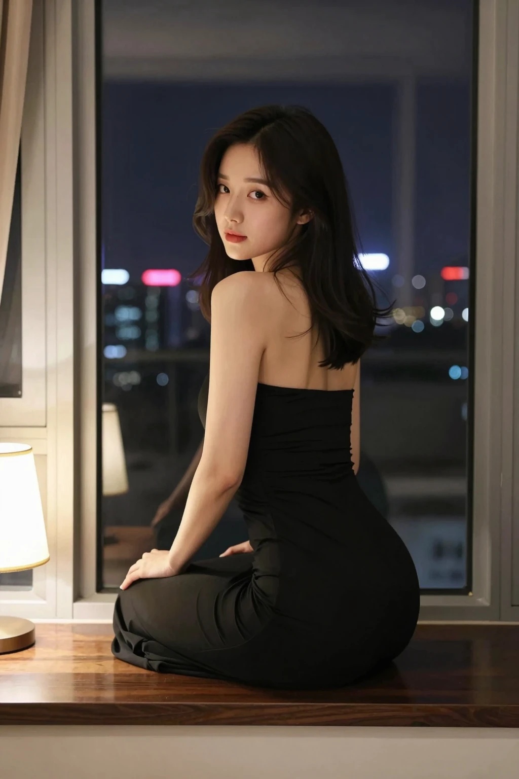 A woman in a black dress is sitting by the window and turning around,  Her hair is swaying slightly in the wind,  The nigh...